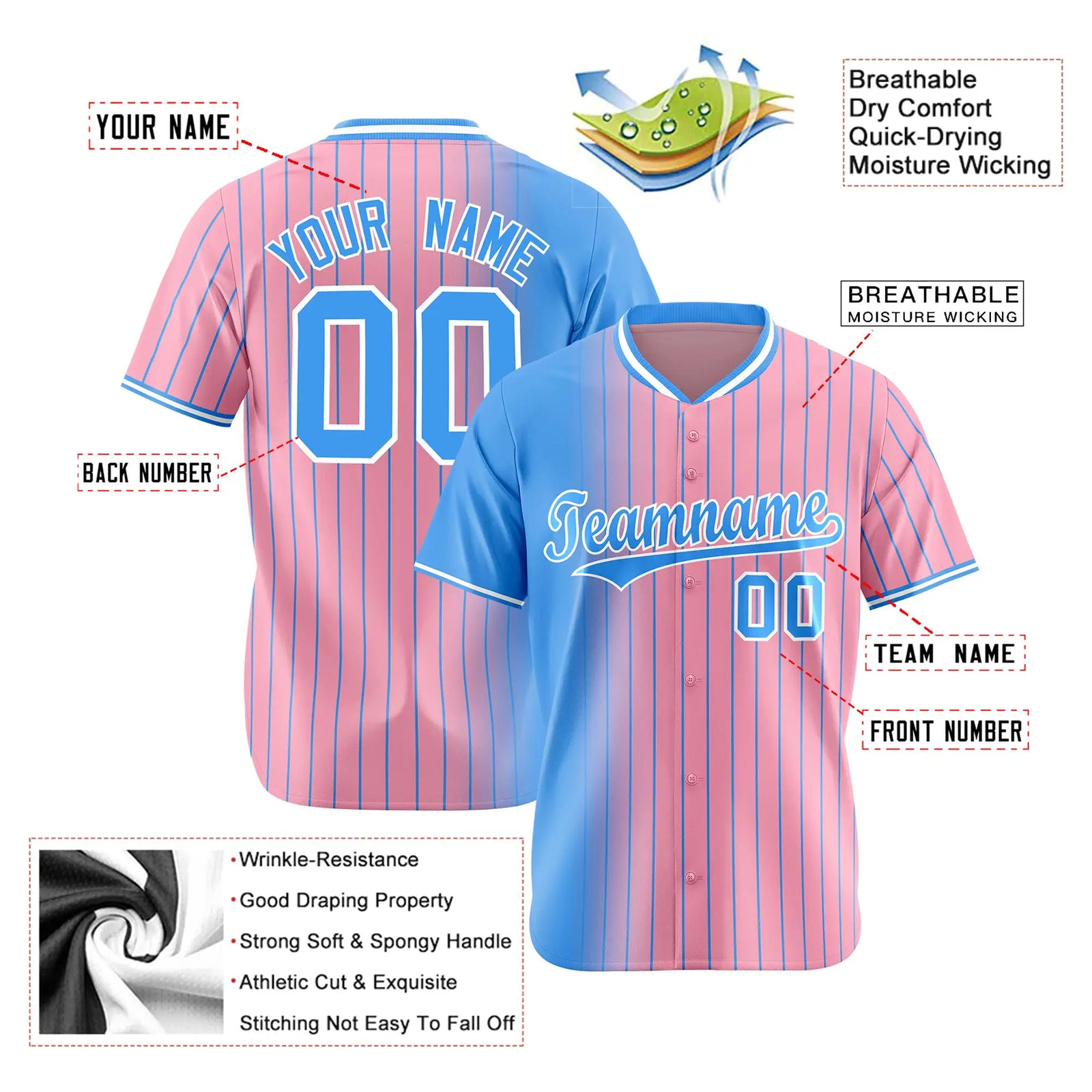 Custom Blue Pink Pinstripe Blue Authentic Baseball Jersey