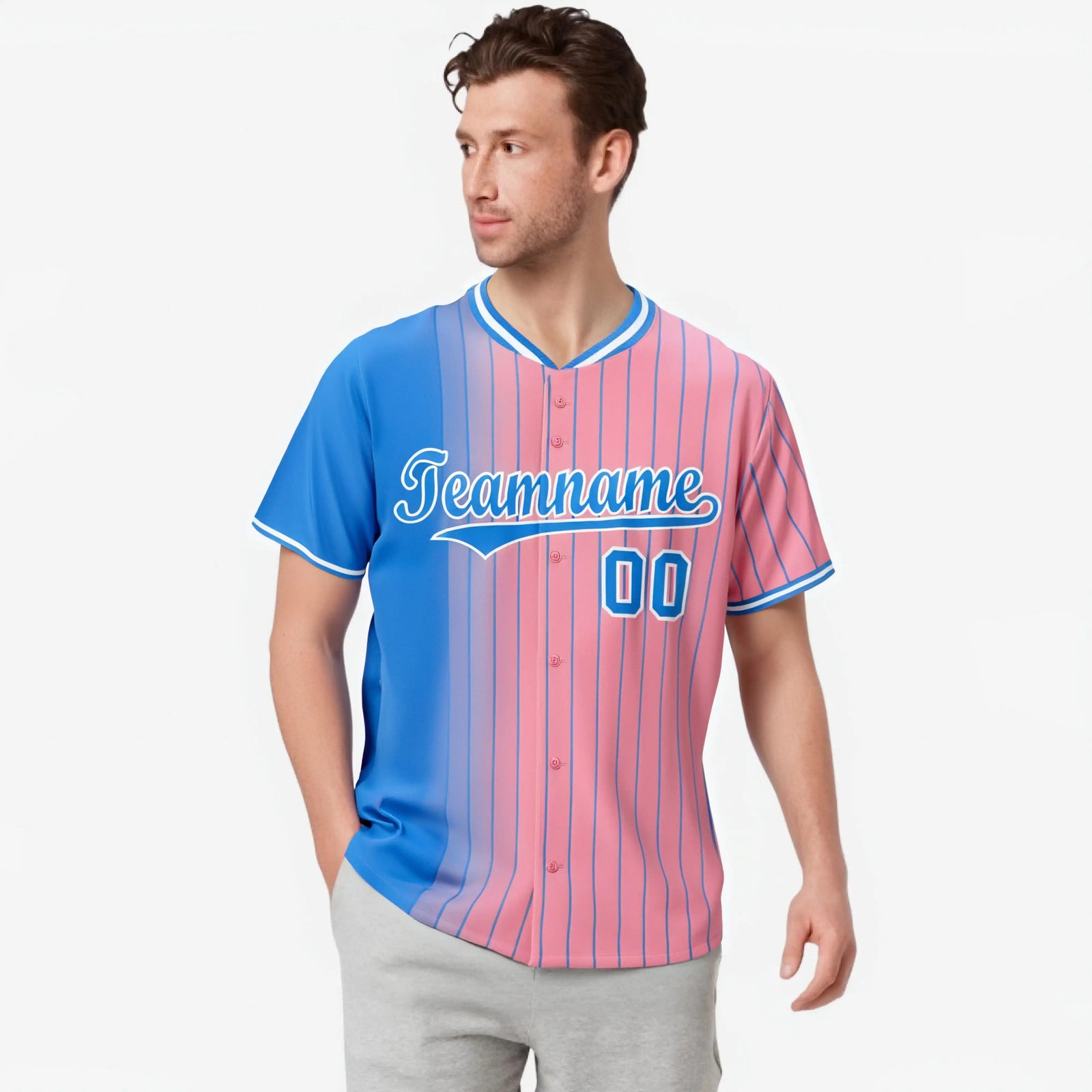 Custom Blue Pink Pinstripe Blue Authentic Baseball Jersey