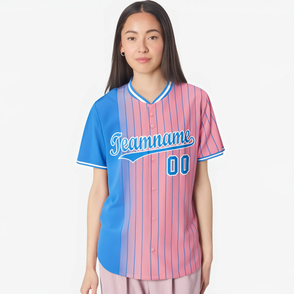 Custom Blue Pink Pinstripe Blue Authentic Baseball Jersey