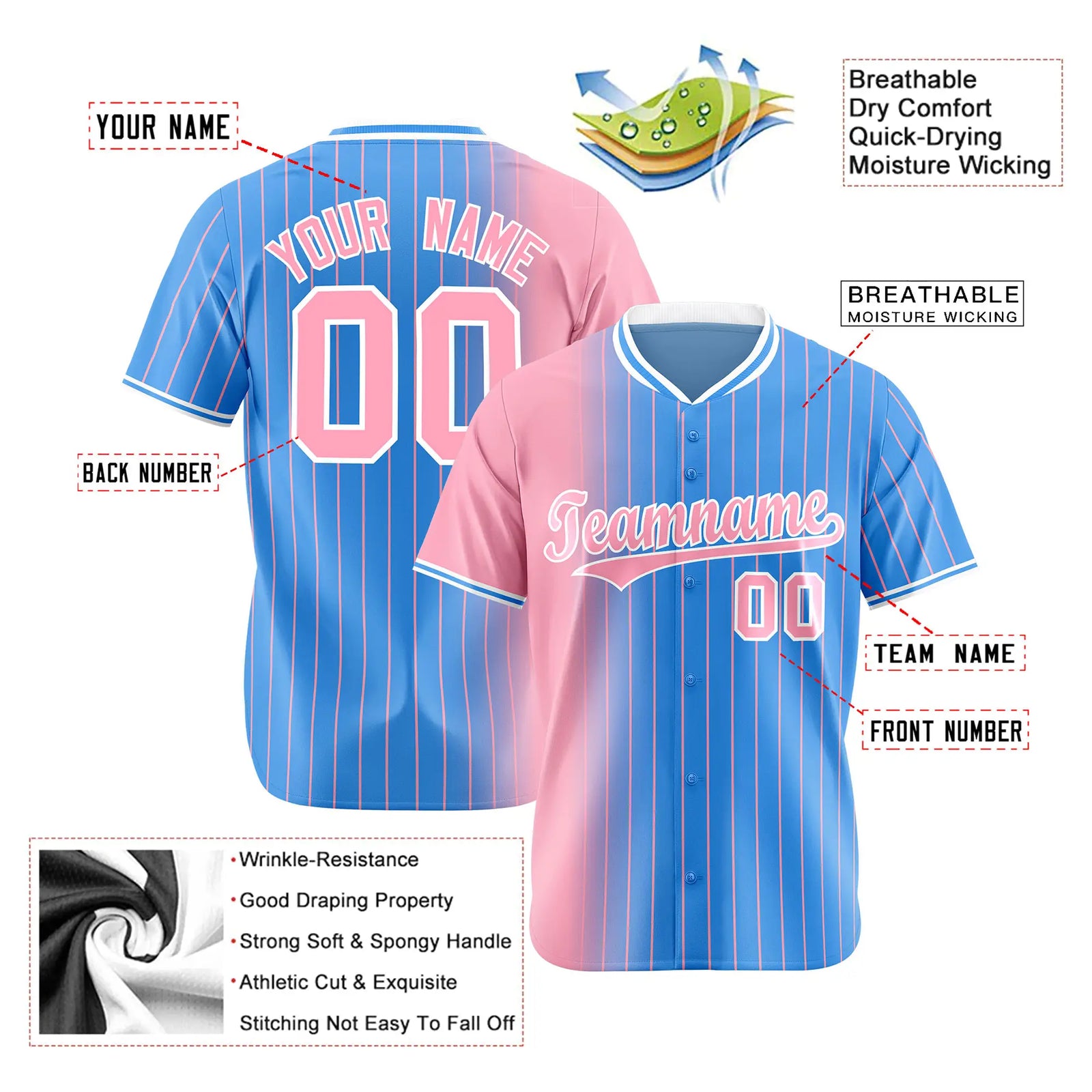 Custom Pink Blue Pinstripe Pink Authentic Baseball Jersey