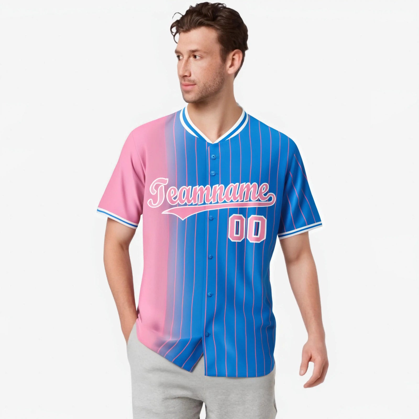 Custom Pink Blue Pinstripe Pink Authentic Baseball Jersey