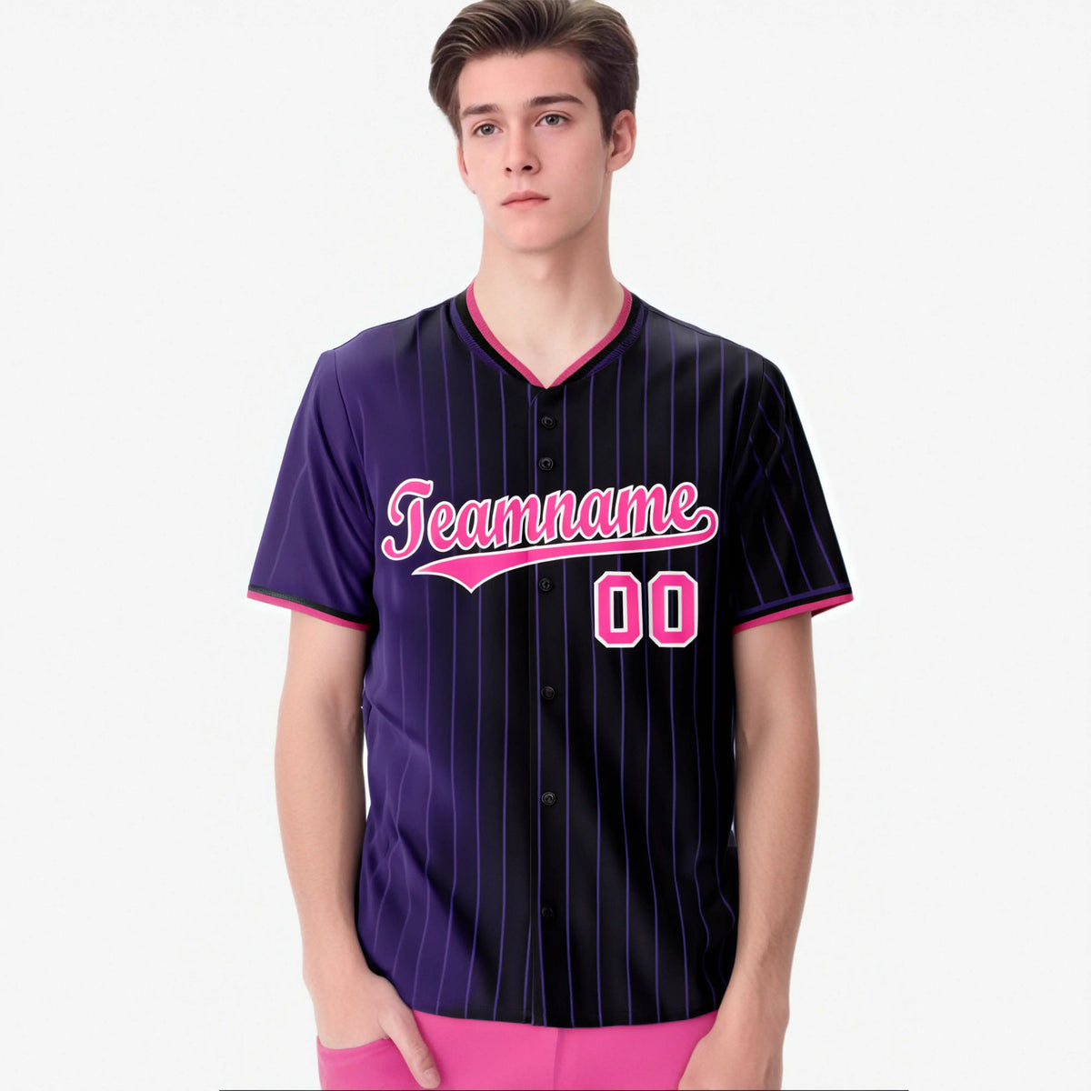Custom Purple Black Pinstripe Pink Authentic Baseball Jersey