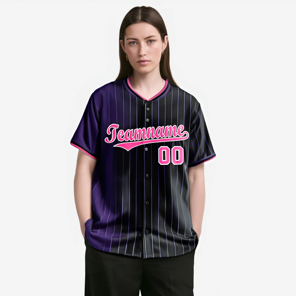 Custom Purple Black Pinstripe Pink Authentic Baseball Jersey