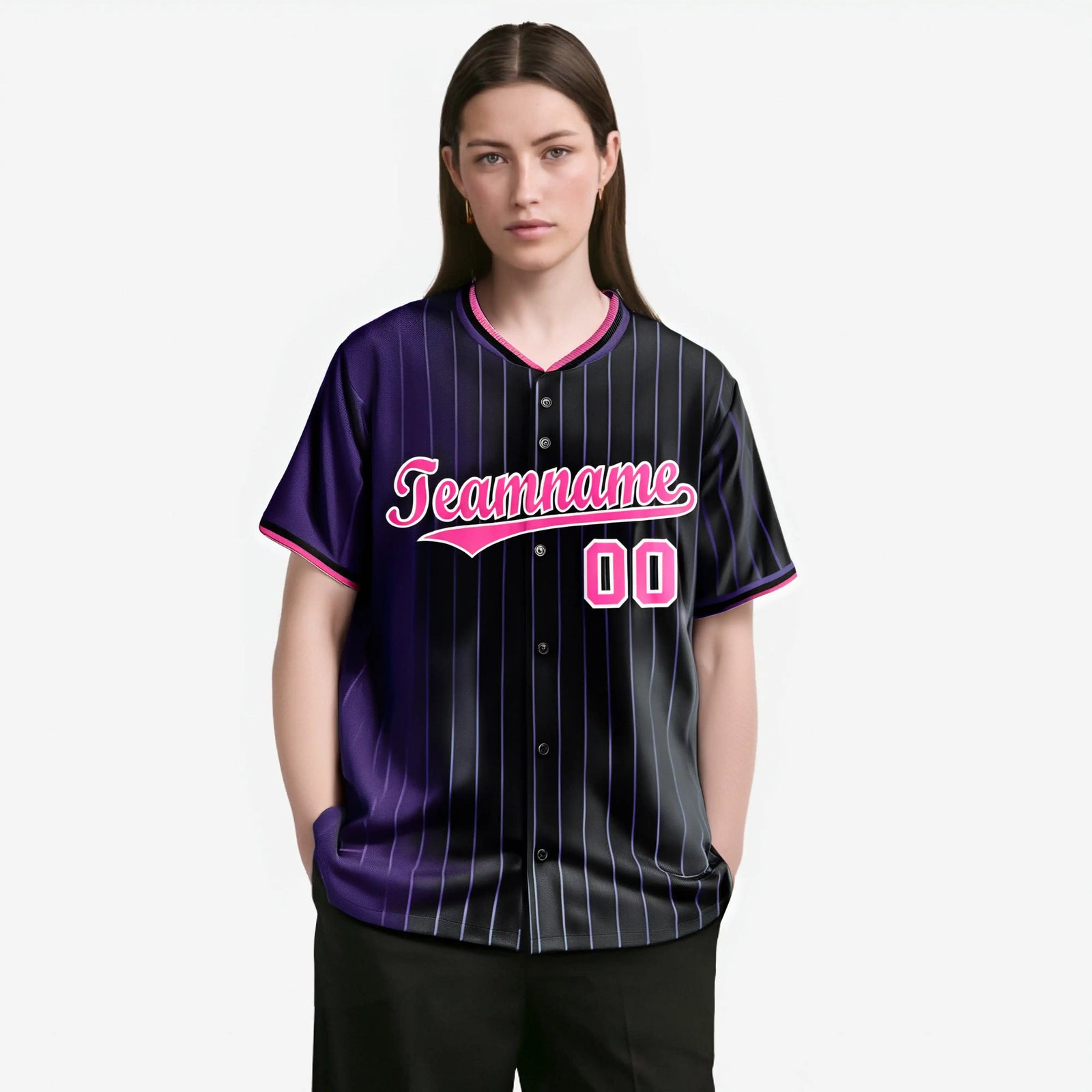 Custom Purple Black Pinstripe Pink Authentic Baseball Jersey