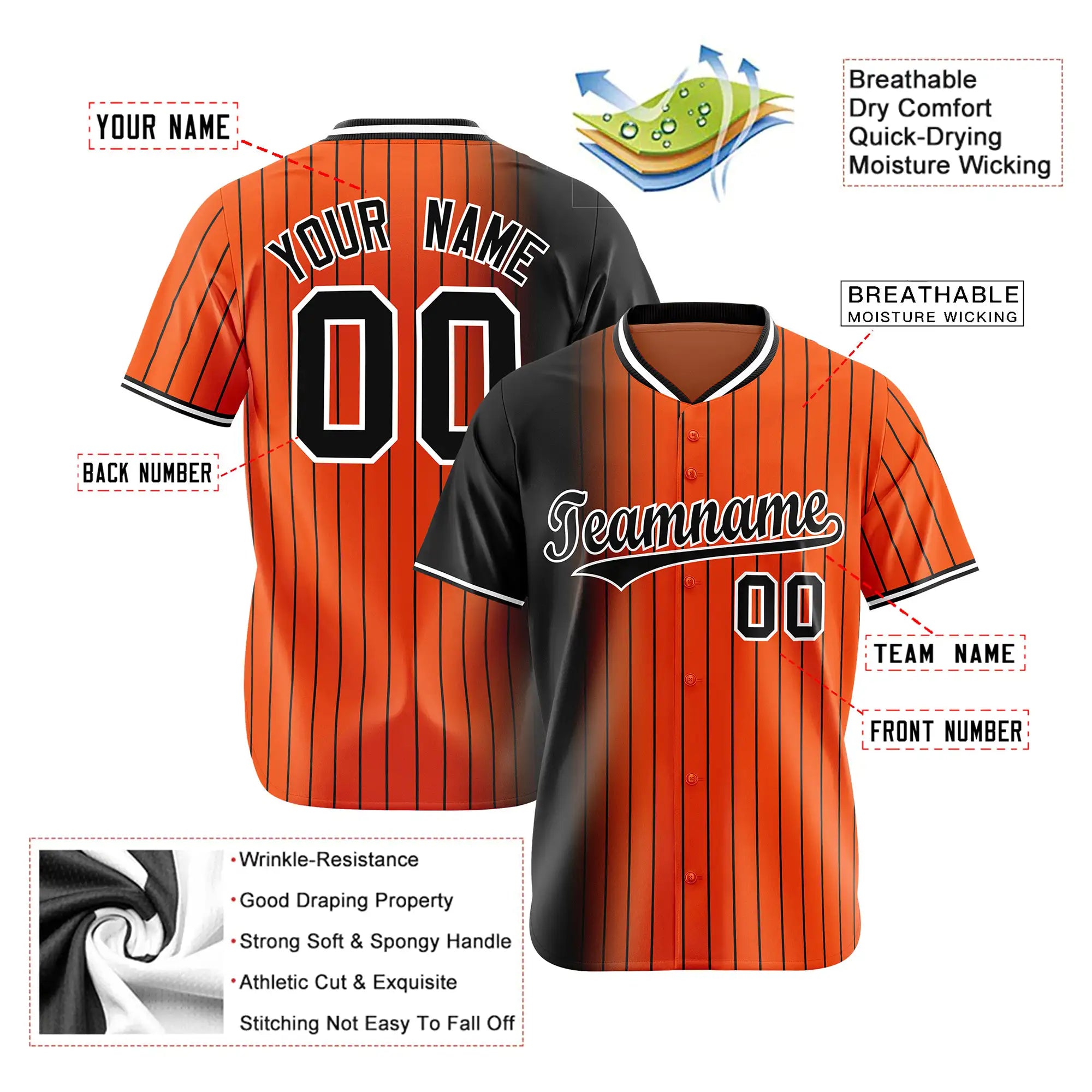 Custom Black Bay-Orange Pinstripe Black Authentic Baseball Jersey