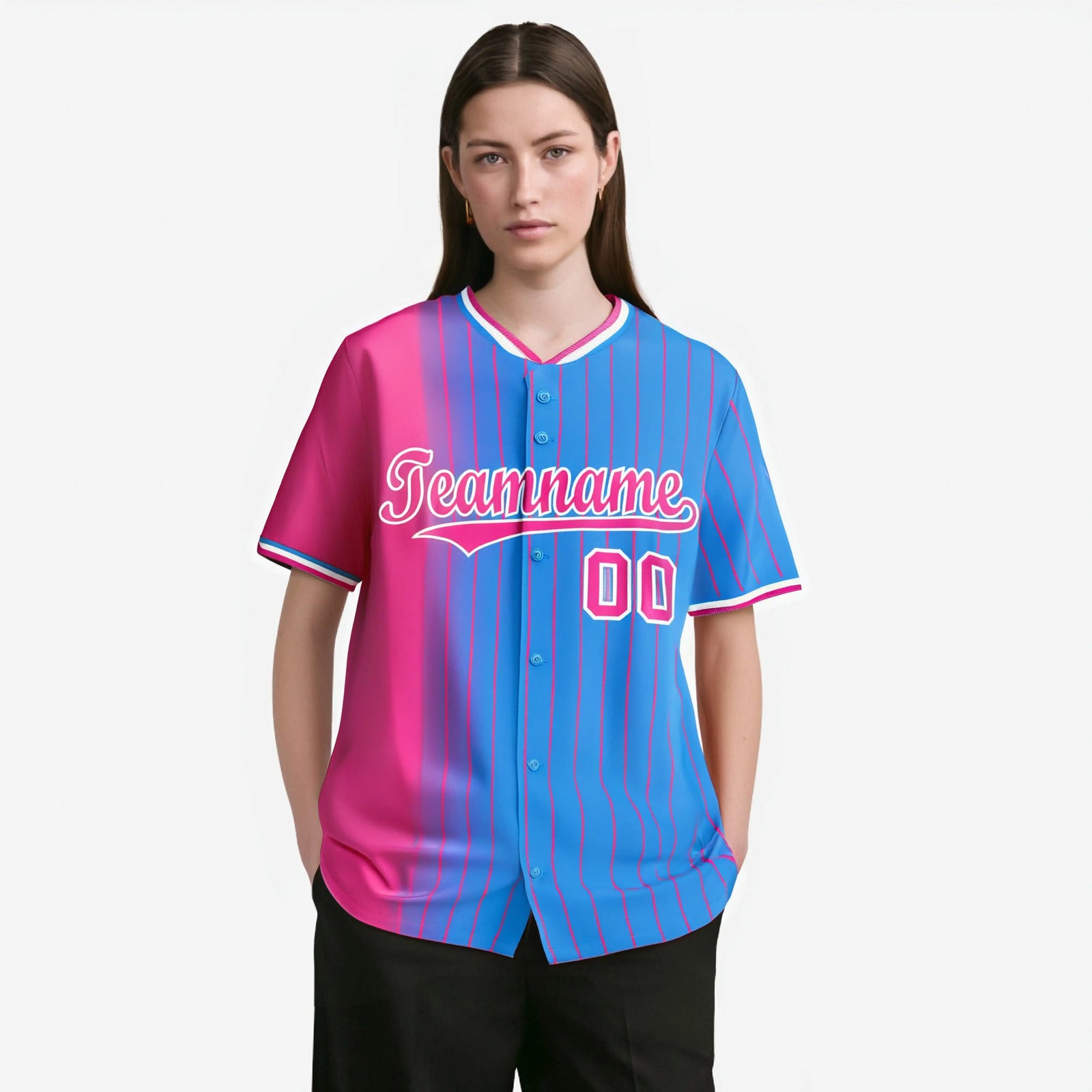 Custom Pink Blue Pinstripe Pink Authentic Baseball Jersey