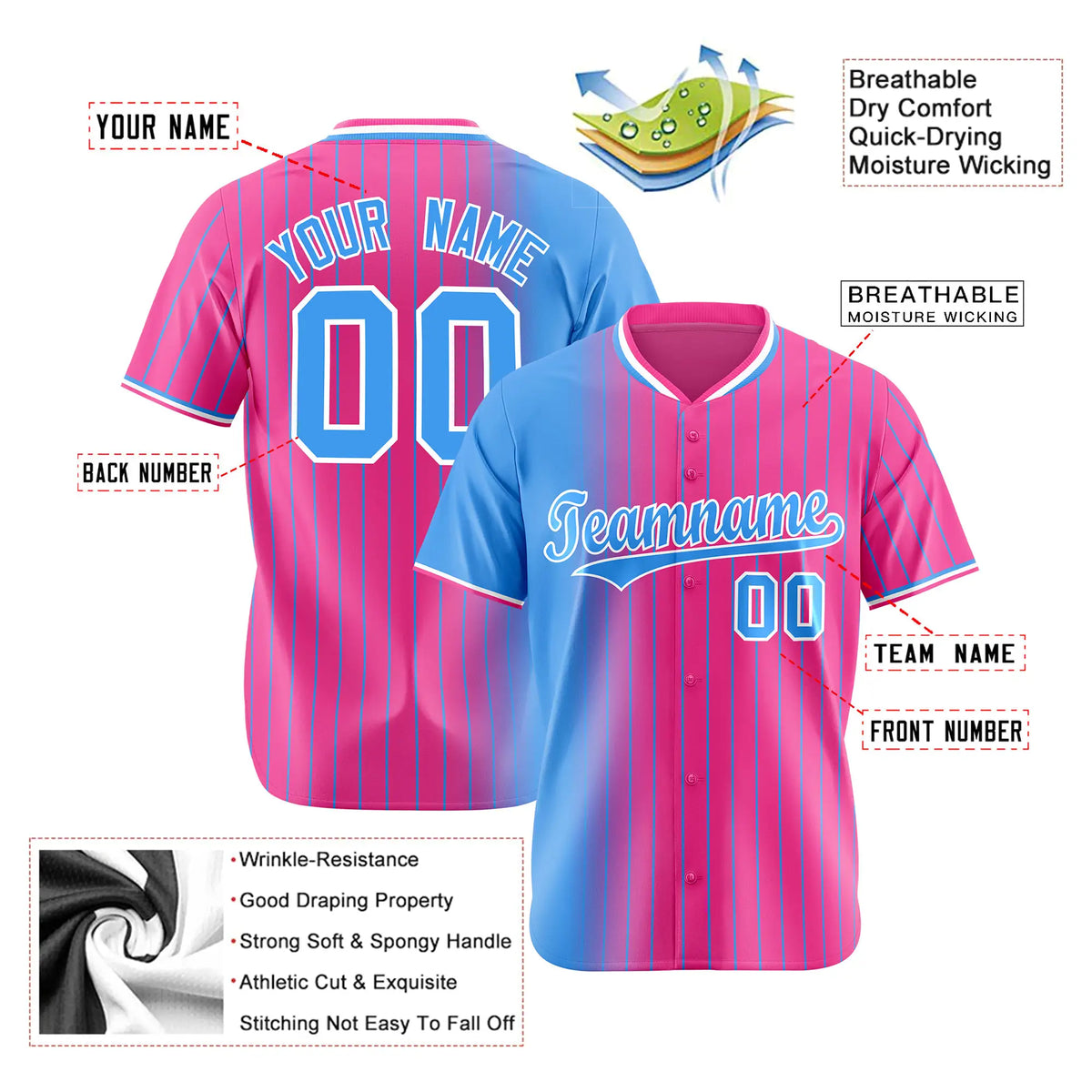 Custom Blue Pink Pinstripe Blue Authentic Baseball Jersey