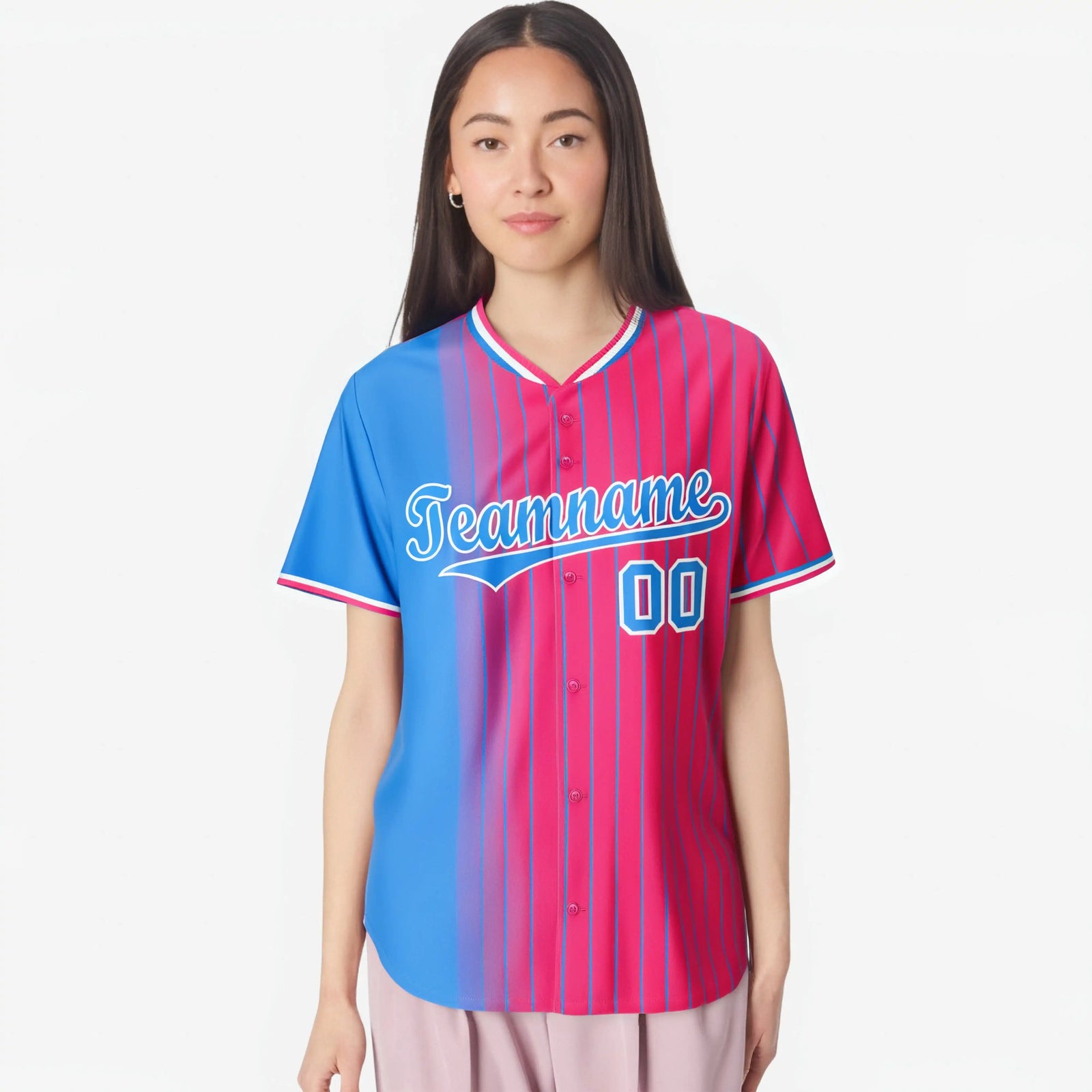 Custom Blue Pink Pinstripe Blue Authentic Baseball Jersey