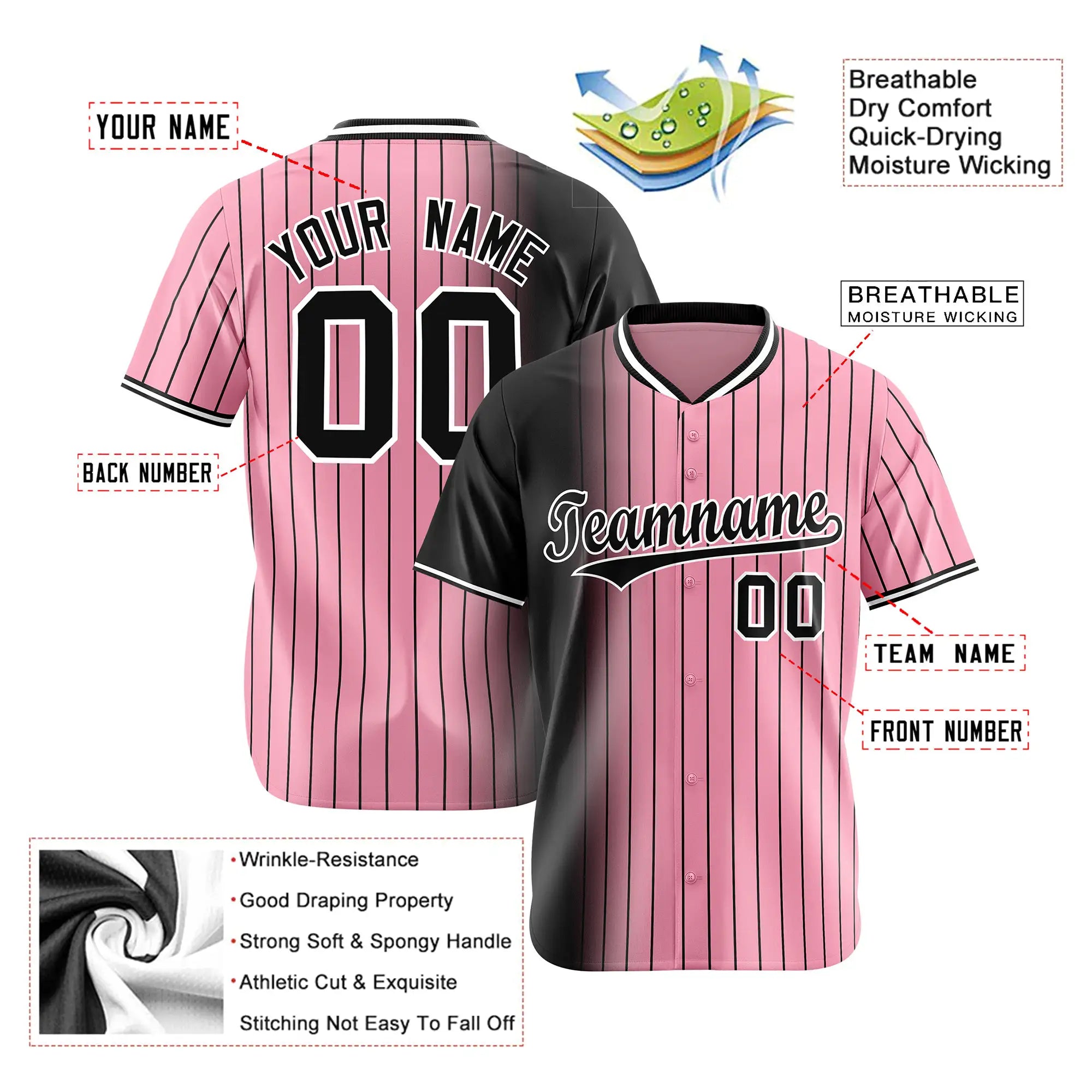 Custom Black Pink Pinstripe Black Authentic Baseball Jersey