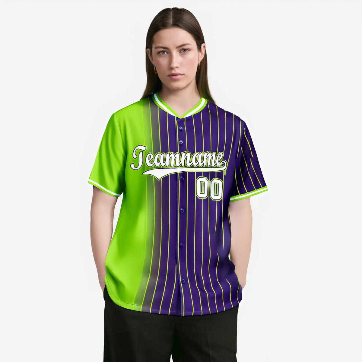 Custom Neon Green Purple Pinstripe White Authentic Baseball Jersey