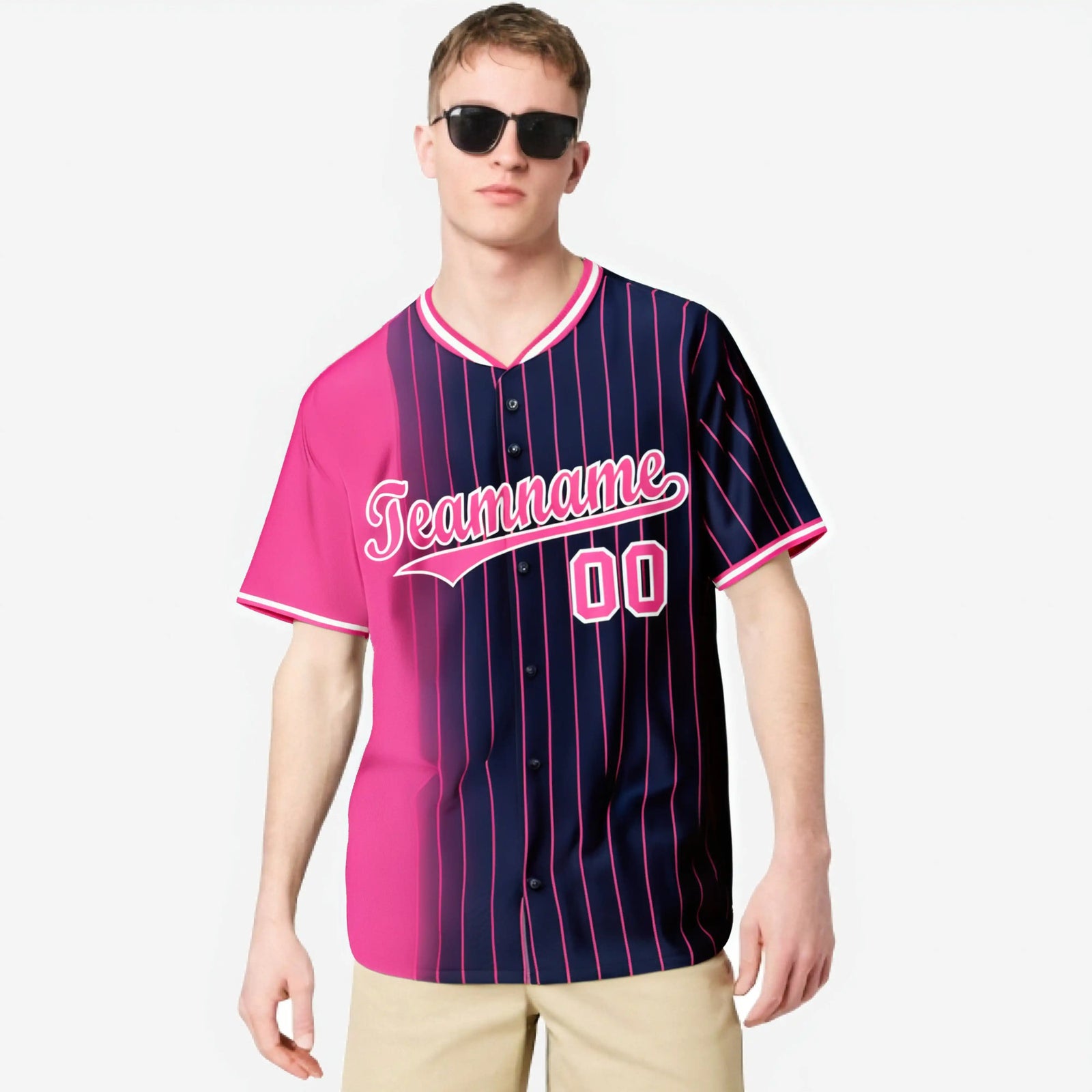 Custom Pink Navy Pinstripe Pink Authentic Baseball Jersey