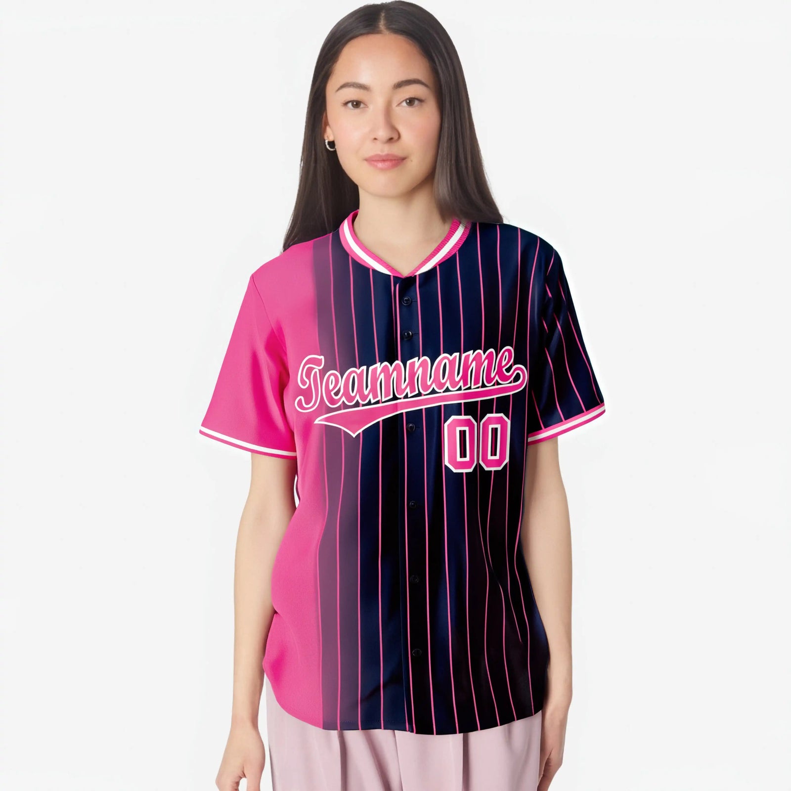 Custom Pink Navy Pinstripe Pink Authentic Baseball Jersey