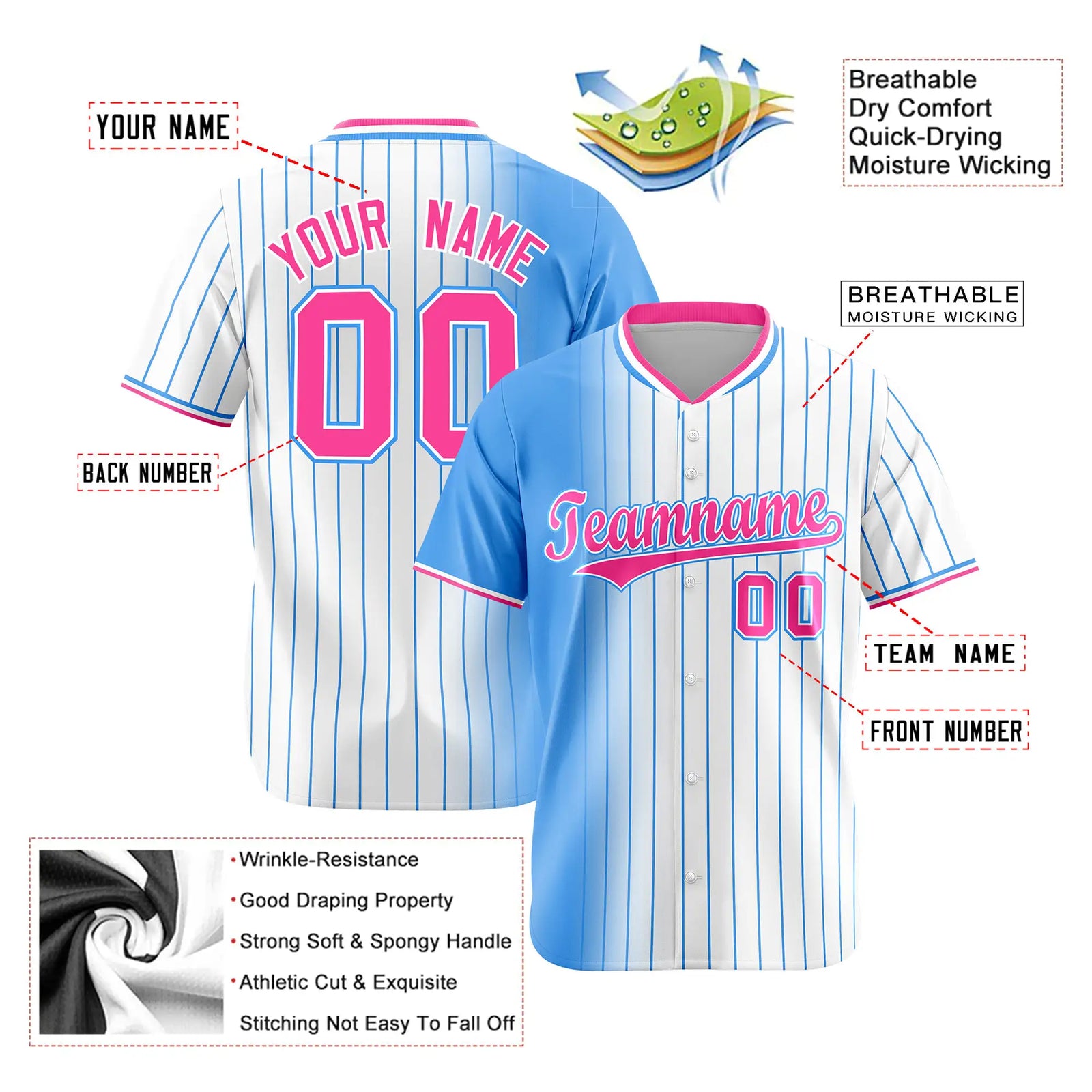 Custom Light-Blue White Pinstripe Pink Authentic Baseball Jersey