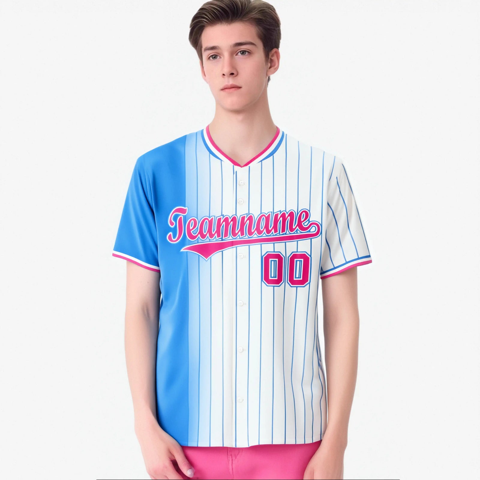Custom Light-Blue White Pinstripe Pink Authentic Baseball Jersey