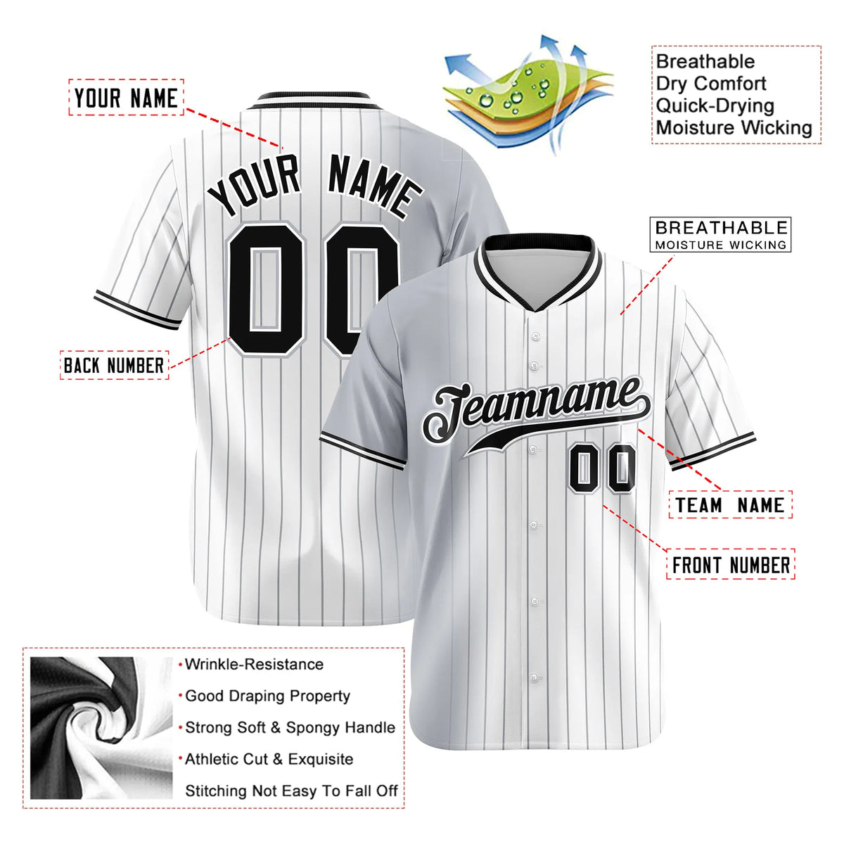 Custom Gray White Pinstripe Black Authentic Baseball Jersey