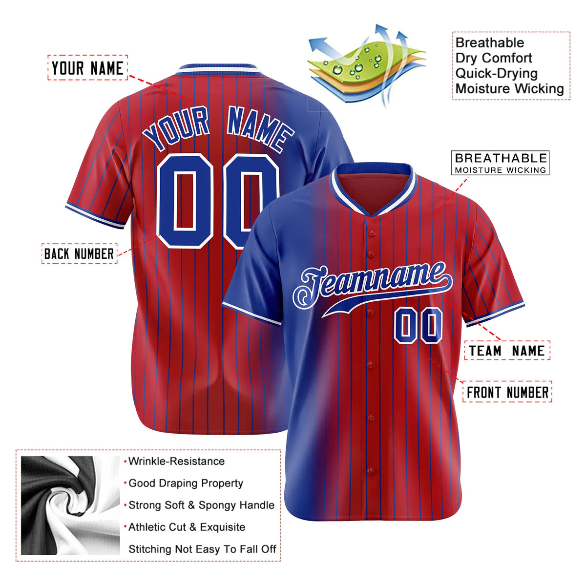 Custom Blue Crimson Pinstripe Blue Authentic Baseball Jersey