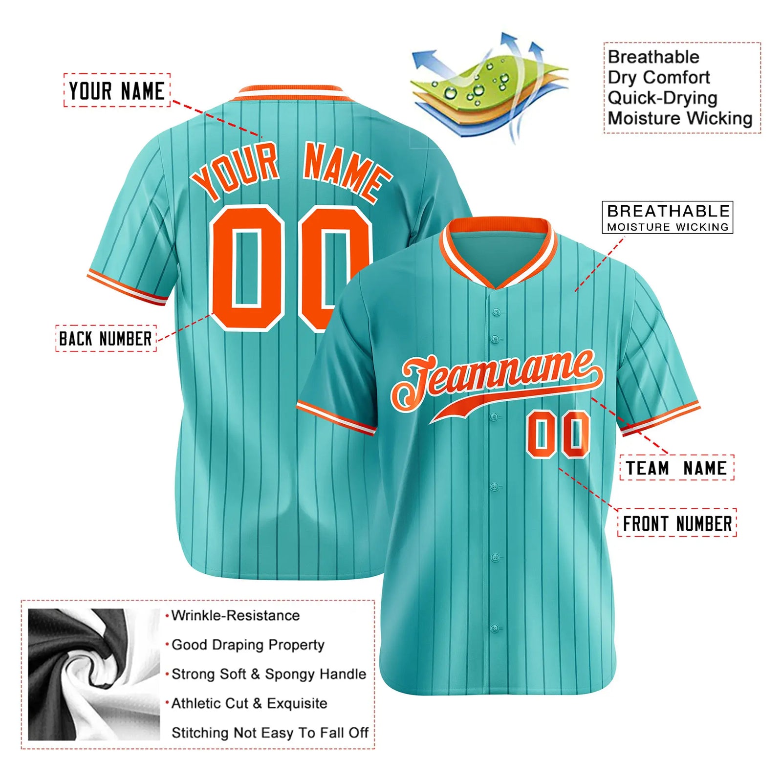 Custom Light-Blue Pinstripe Orange Authentic Baseball Jersey