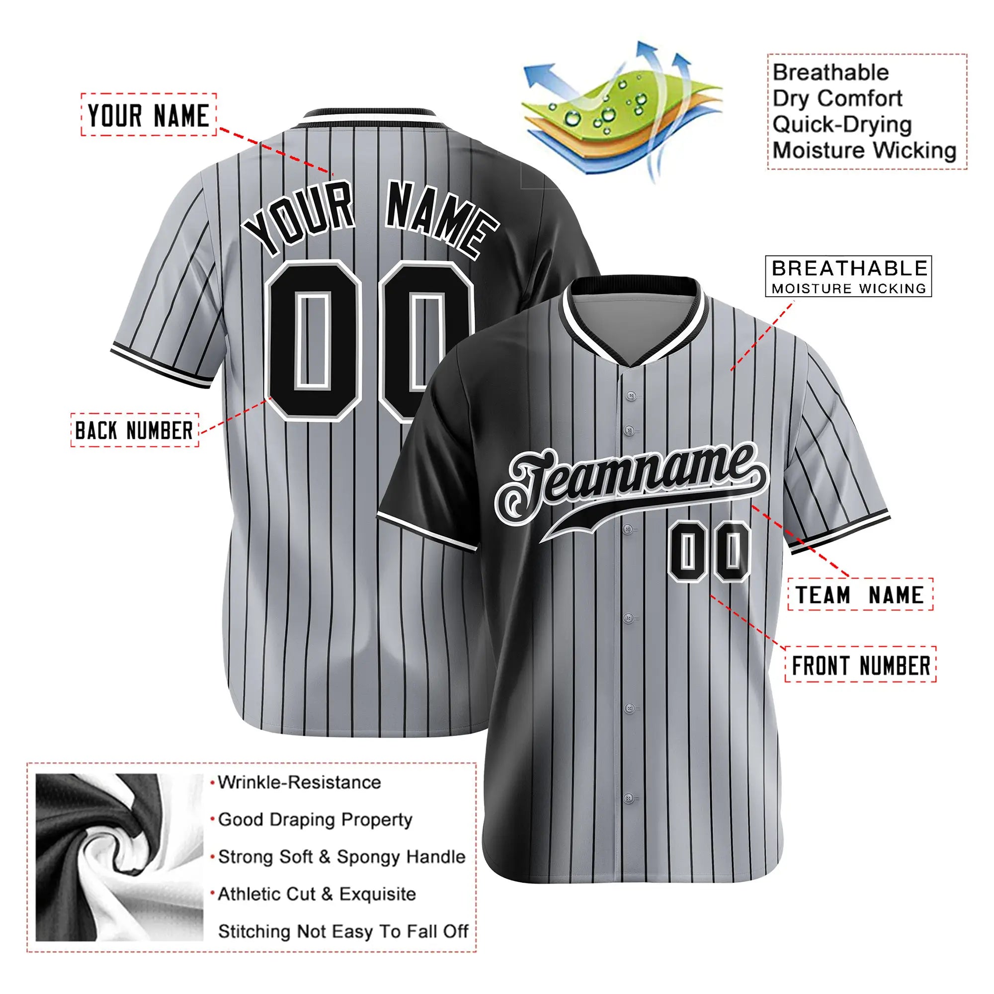 Custom Black Gray Pinstripe Black Authentic Baseball Jersey