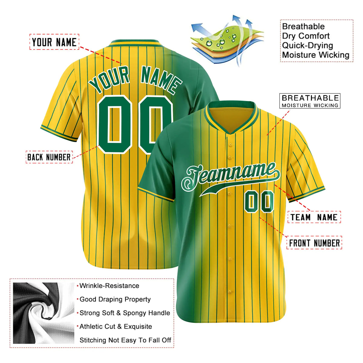 Custom Green Yellow Pinstripe Green Authentic Baseball Jersey