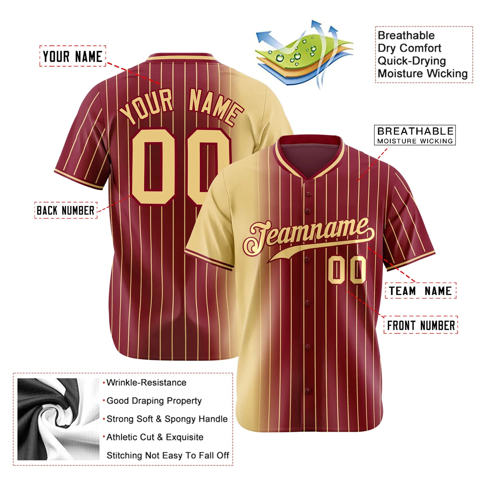 Custom Old-Gold Crimson Pinstripe Old-Gold Authentic Baseball Jersey