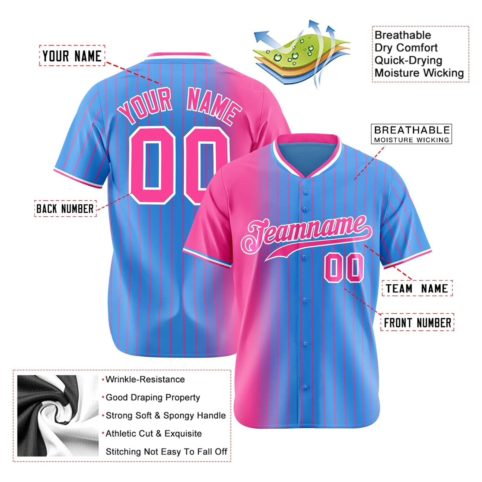 Custom Pink Blue Pinstripe Pink Authentic Baseball Jersey