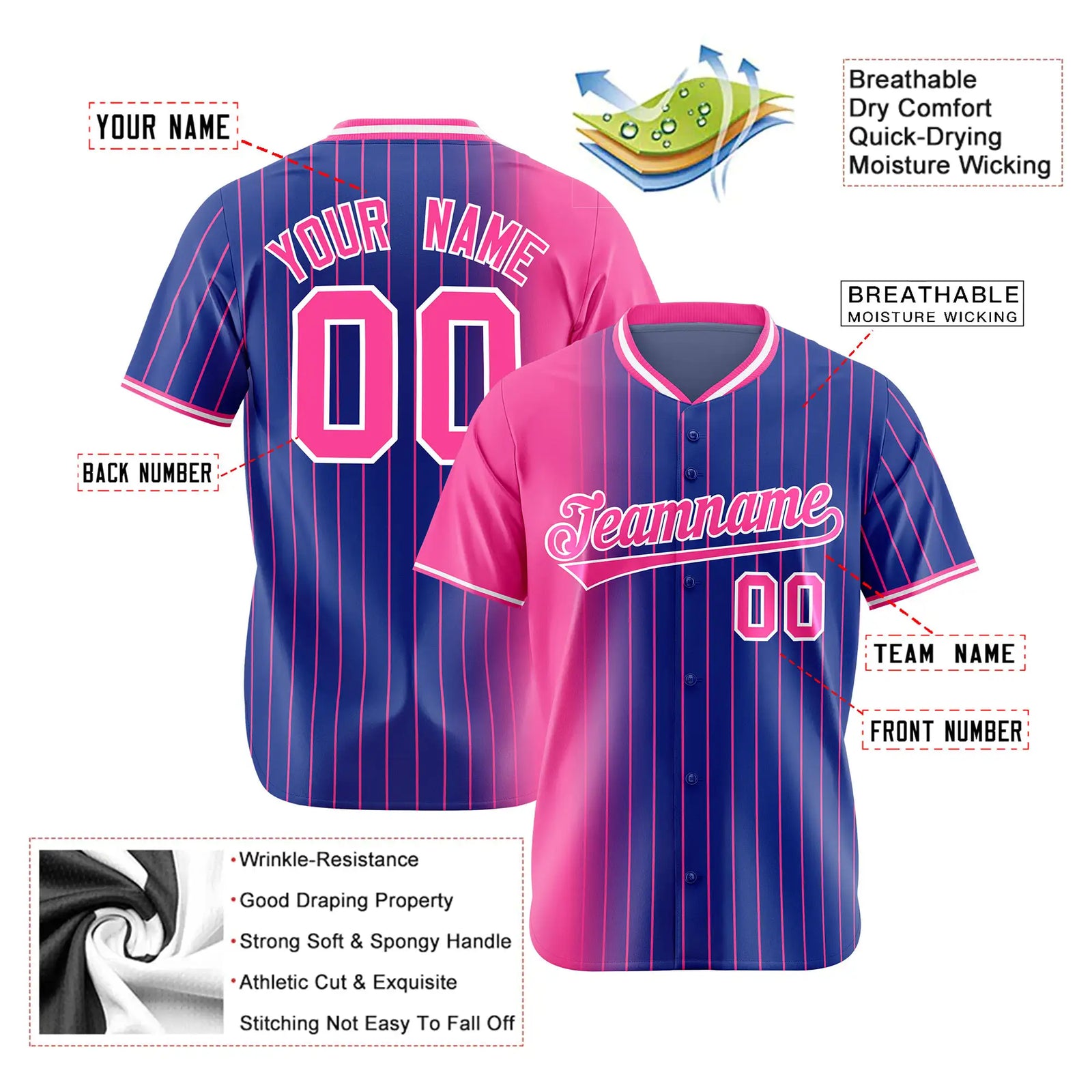 Custom Pink Blue Pinstripe Pink Authentic Baseball Jersey