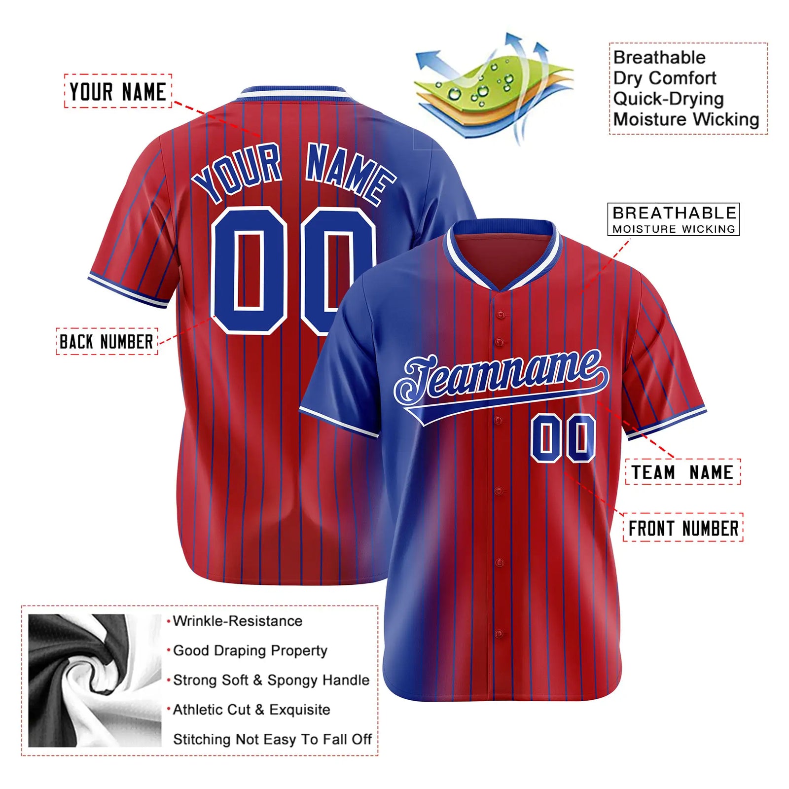 Custom Blue Crimson Pinstripe Blue Authentic Baseball Jersey