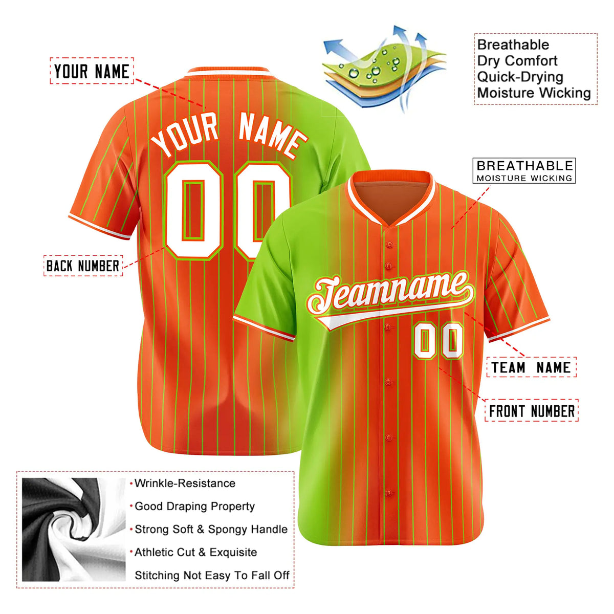 Custom Neon-Green Orange Pinstripe White Authentic Baseball Jersey