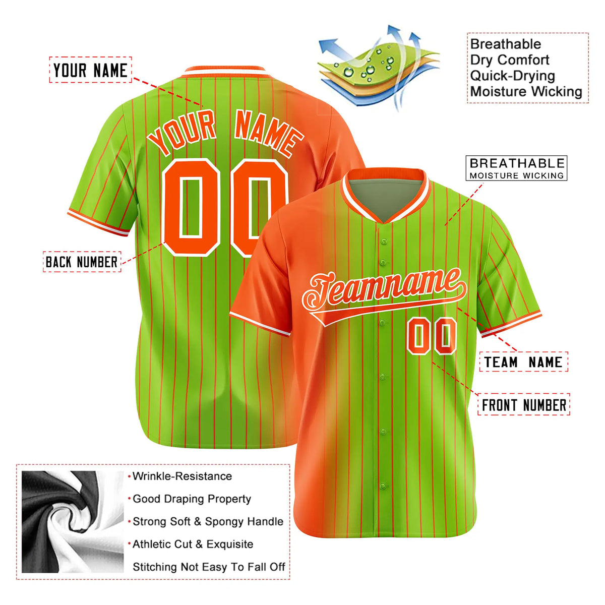 Custom Orange Neon-Green Pinstripe Orange Authentic Baseball Jersey