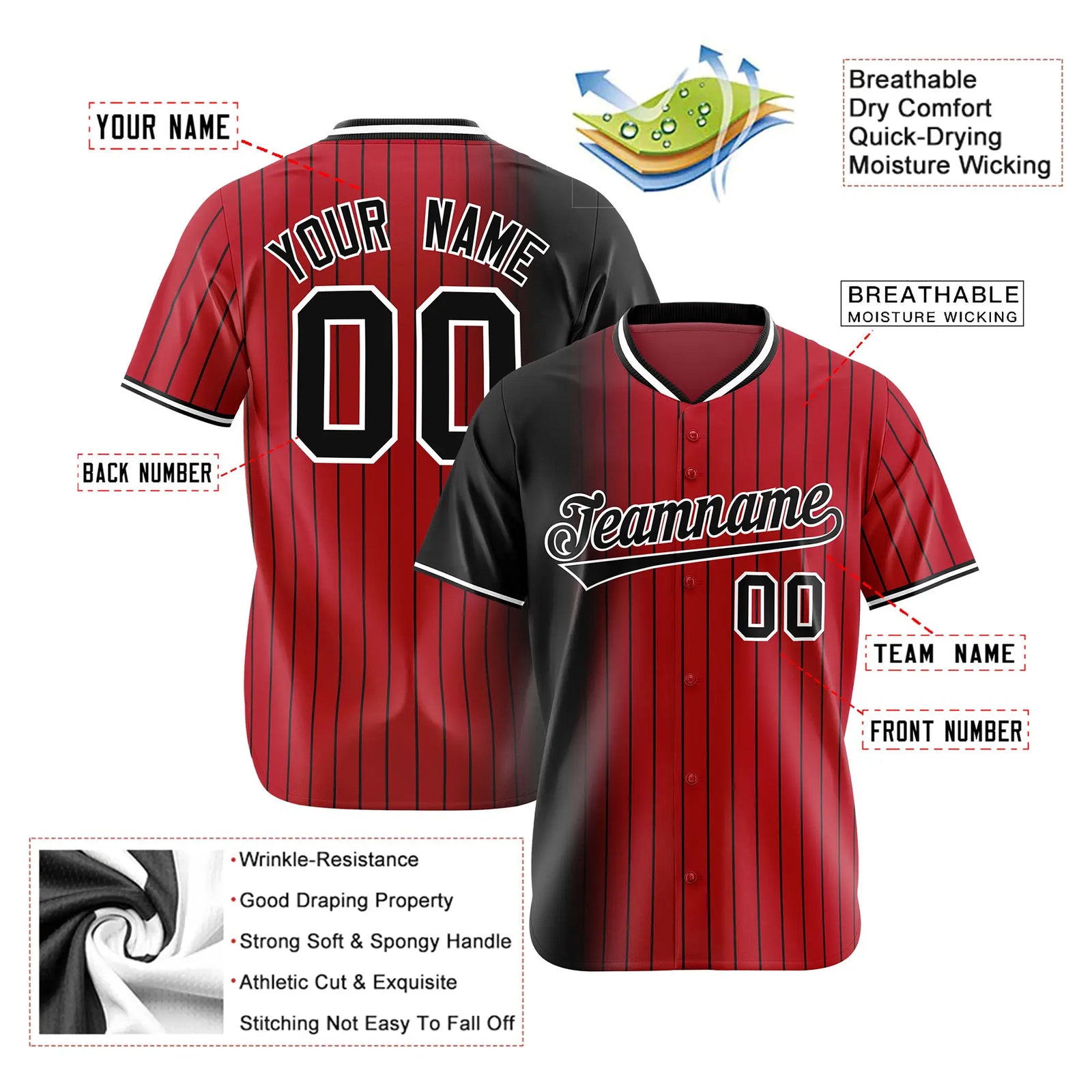 Custom Black Red Pinstripe Black Authentic Baseball Jersey