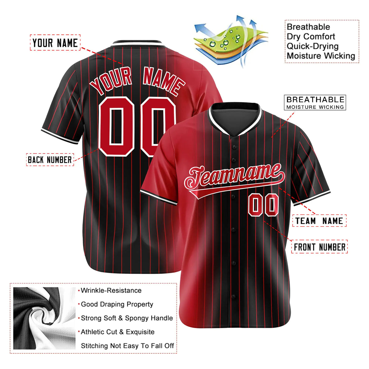 Custom Red Black Pinstripe Red Authentic Baseball Jersey