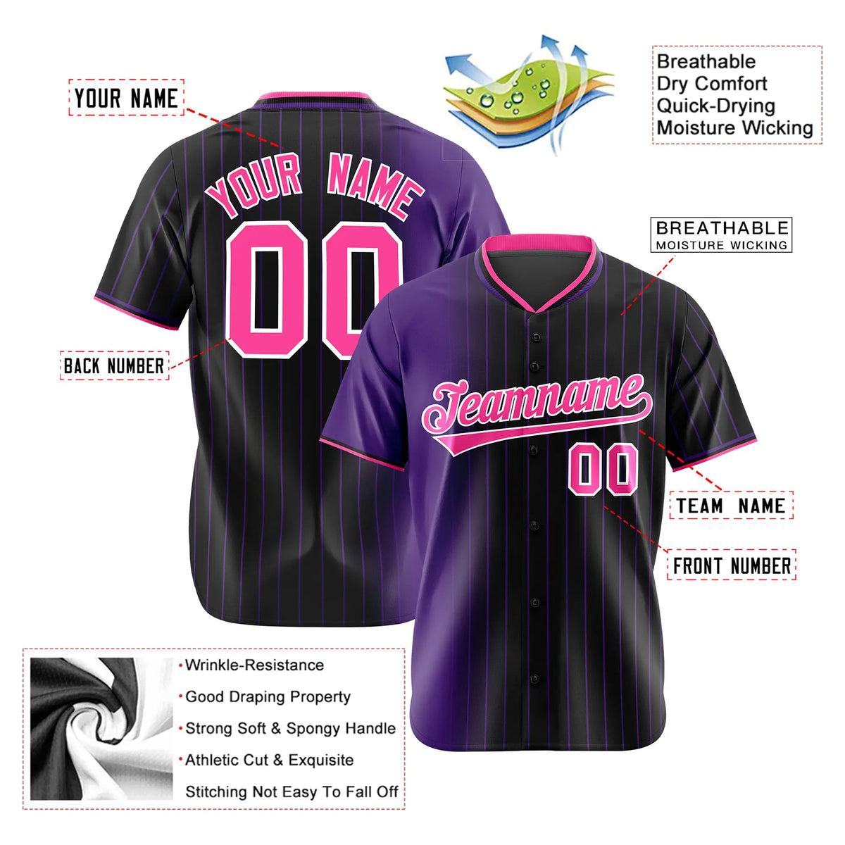 Custom Purple Black Pinstripe Pink Authentic Baseball Jersey