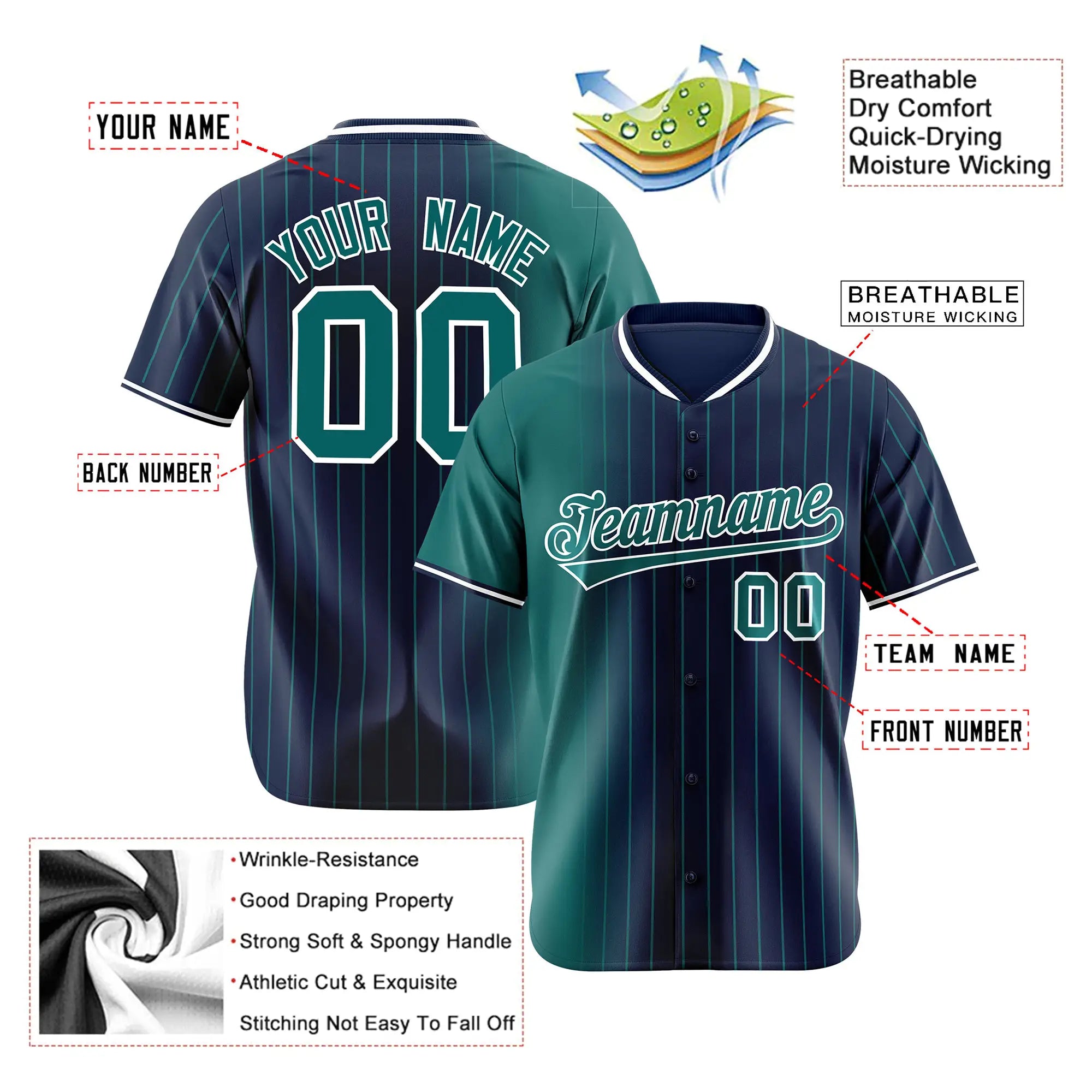 Custom Midnight-Green Navy Pinstripe Midnight-Green Authentic Baseball Jersey