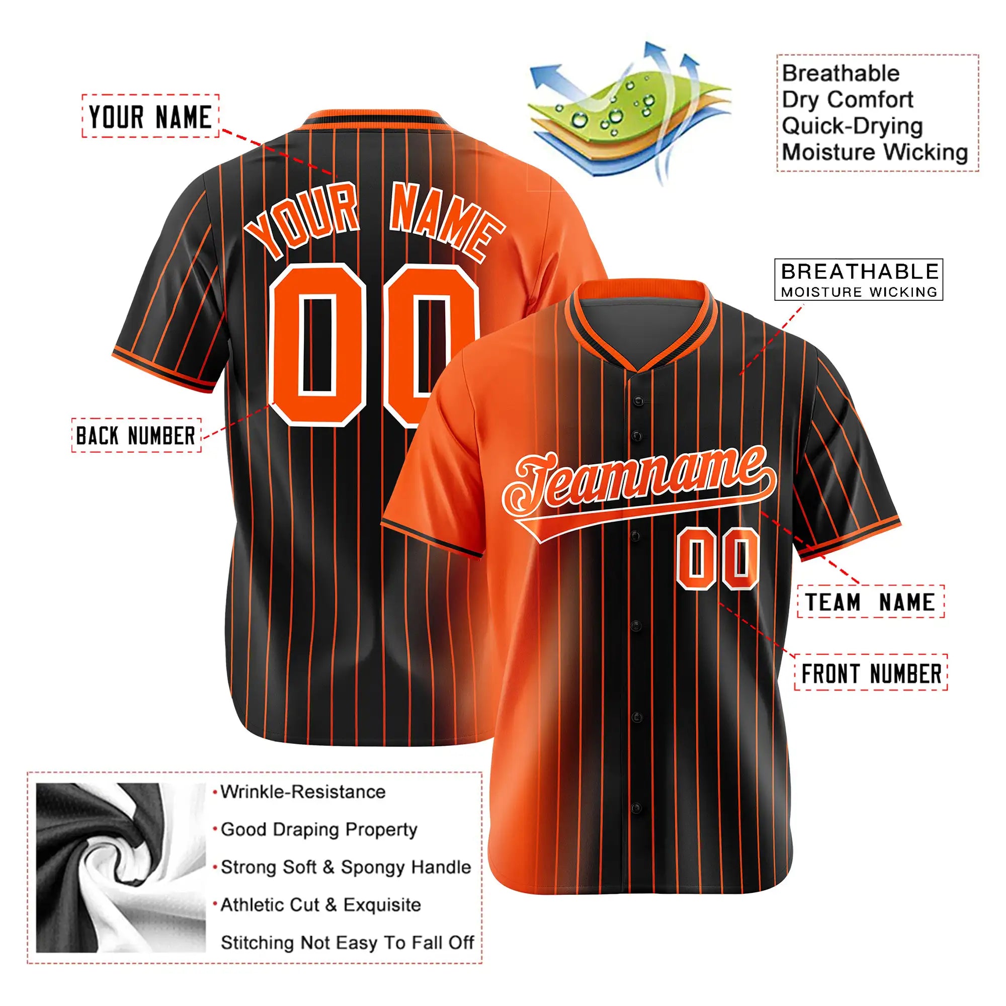 Custom Bay-Orange Black Pinstripe Bay-Orange Authentic Baseball Jersey