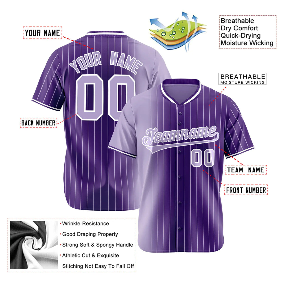 Custom Light Purple Purple Pinstripe Light Purple Authentic Baseball Jersey