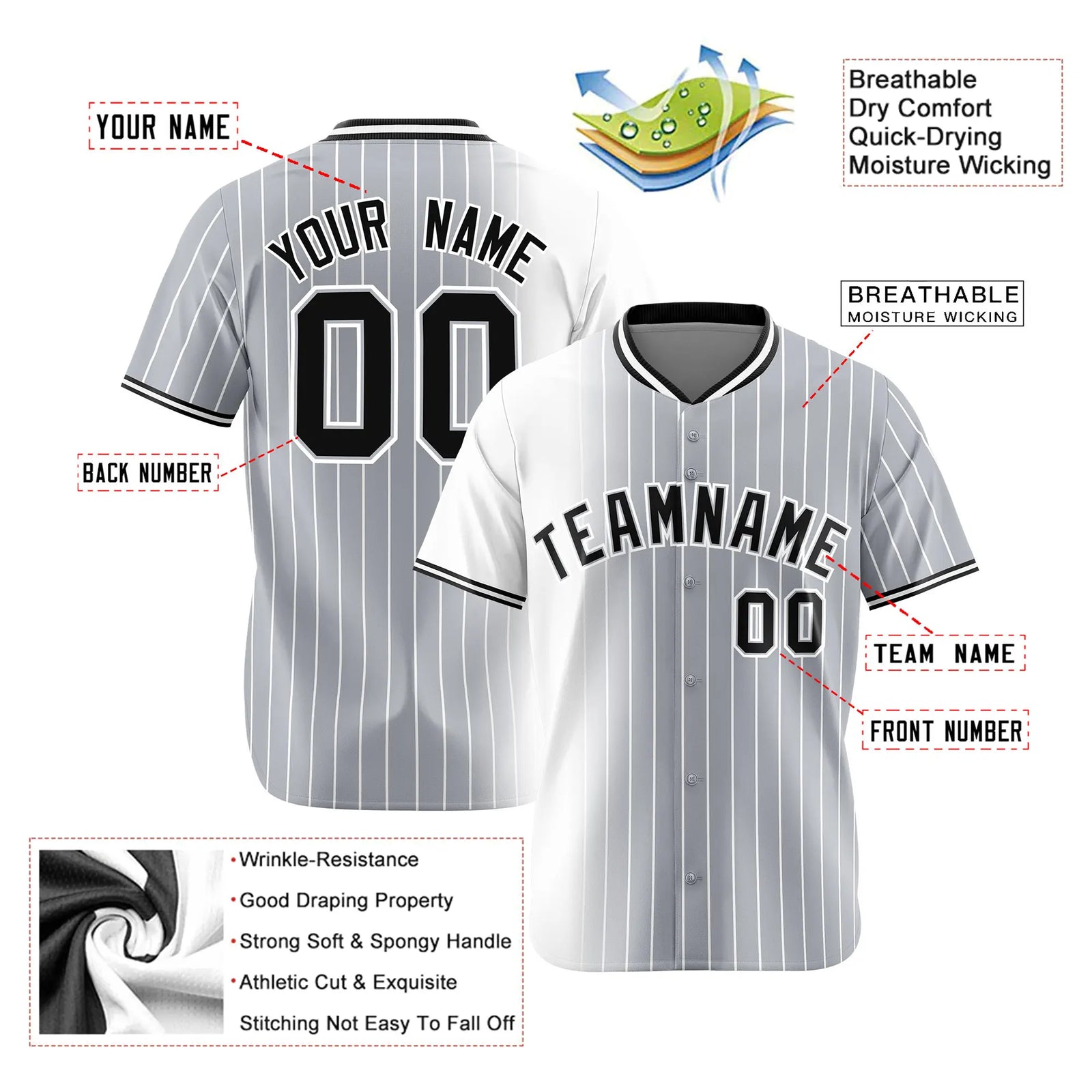 Custom White Gray Pinstripe Black Authentic Baseball Jersey