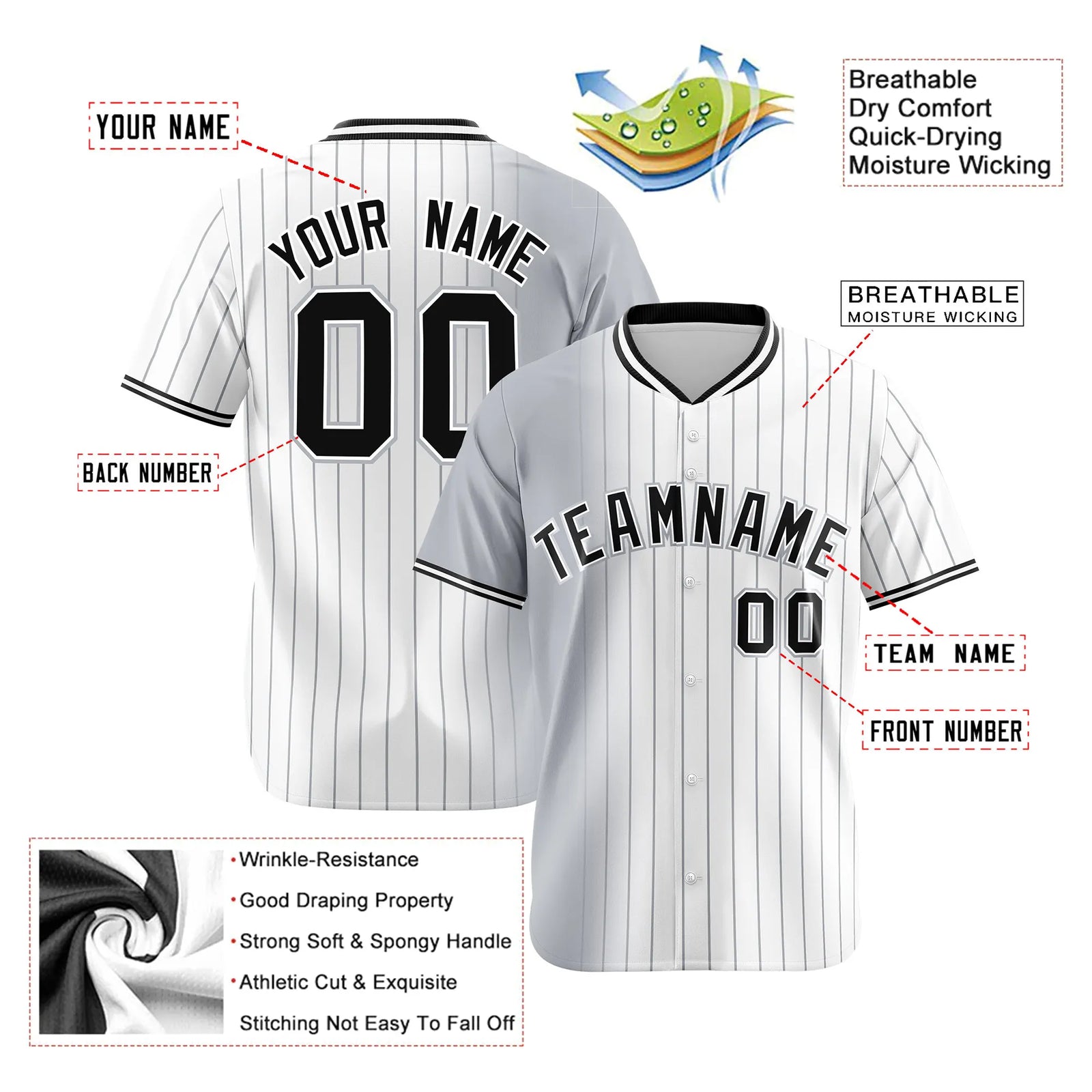 Custom Gray White Pinstripe Black Authentic Baseball Jersey