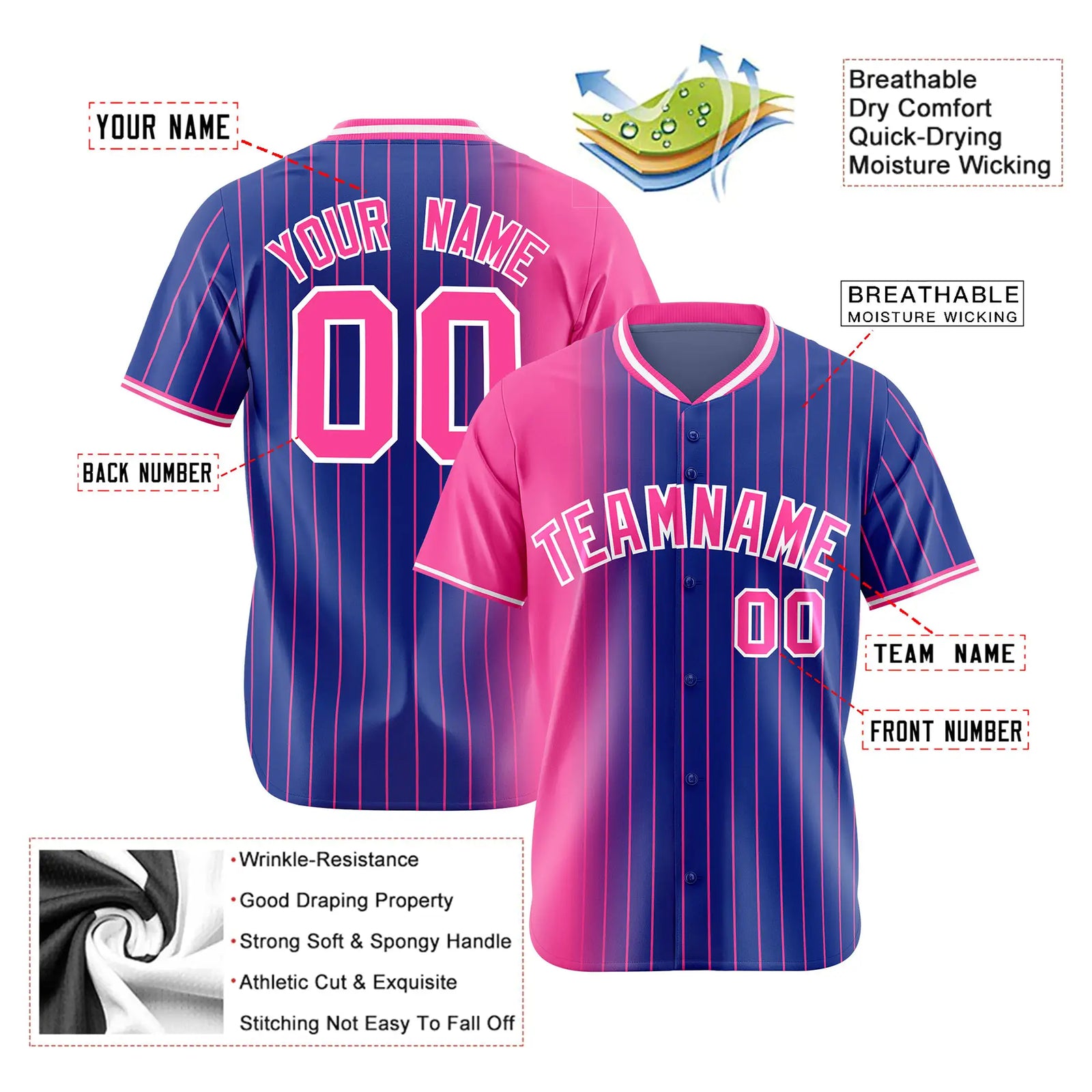 Custom Pink Blue Pinstripe Pink Authentic Baseball Jersey