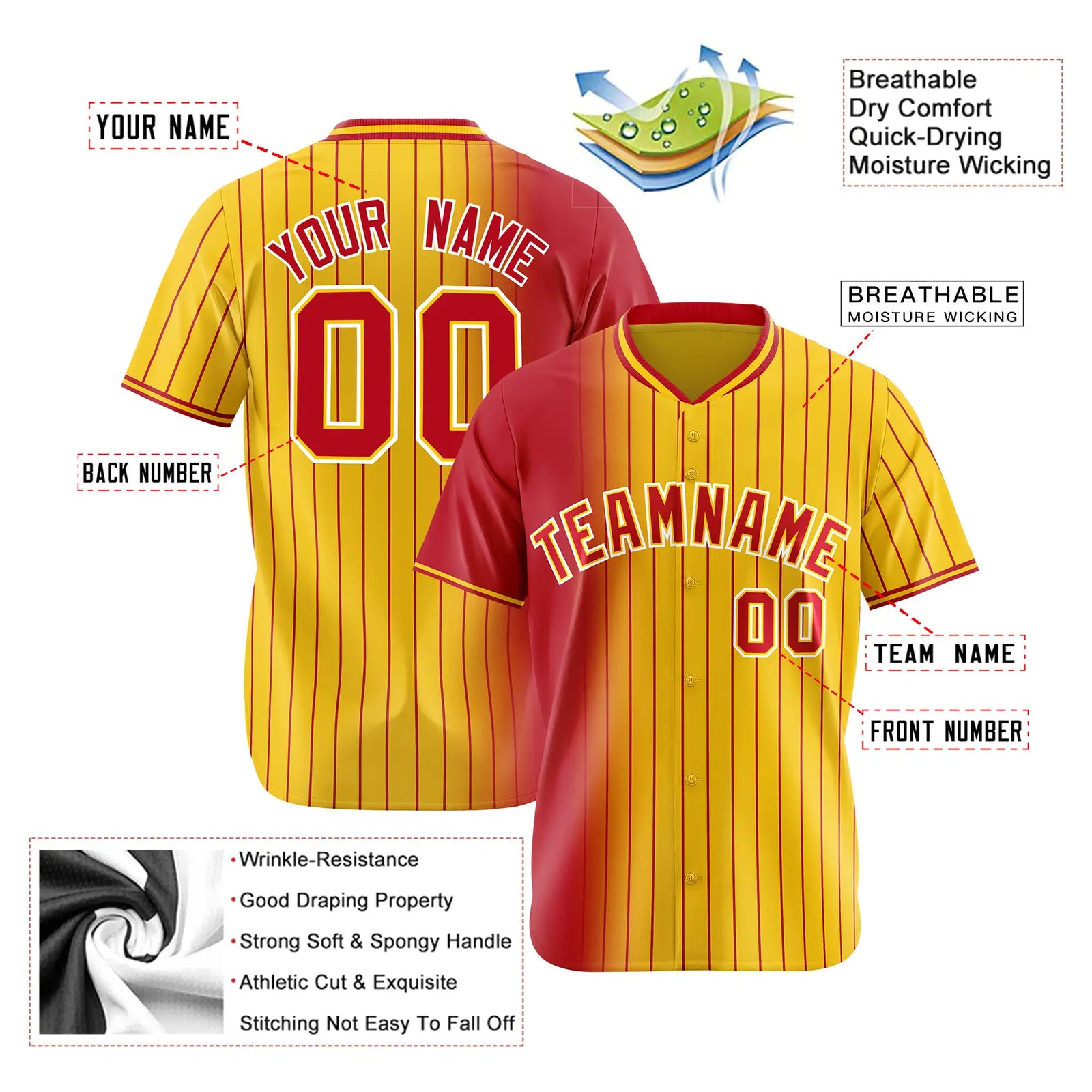 Custom Red Yellow Pinstripe Red Authentic Baseball Jersey