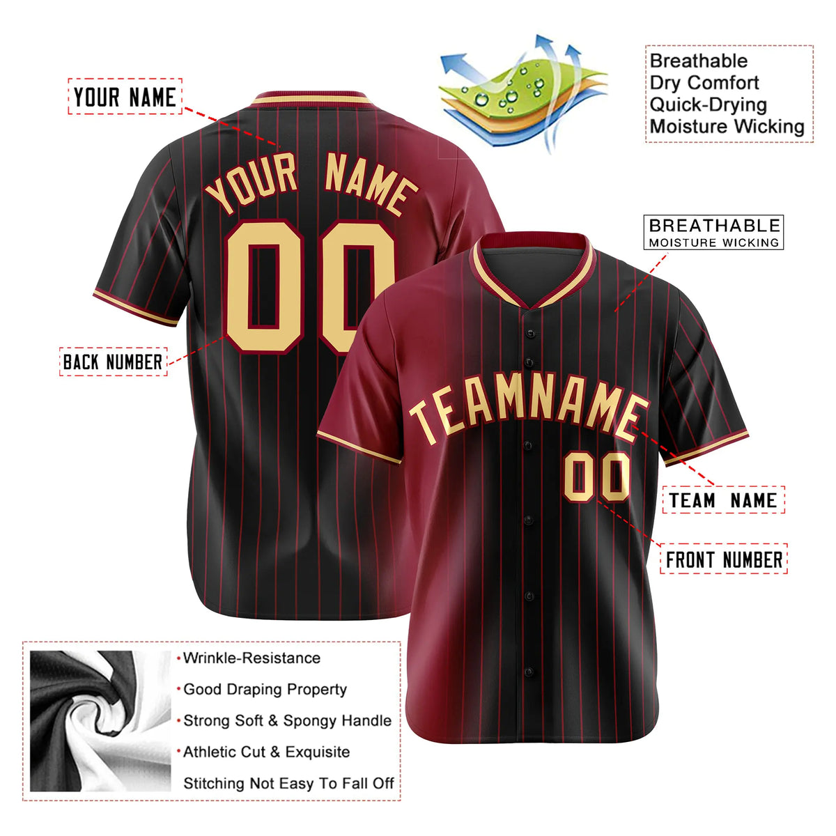 Custom Crimson Black Pinstripe Old-Gold Authentic Baseball Jersey