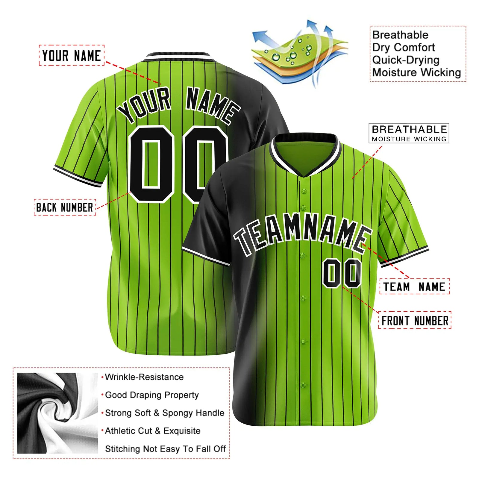Custom Black Neon-Green Pinstripe Black Authentic Baseball Jersey