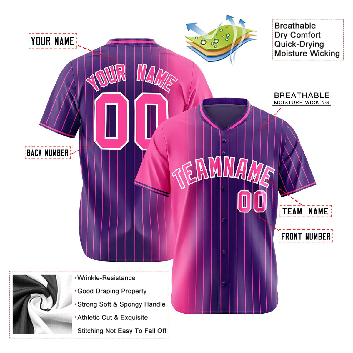 Custom Pink Purple Pinstripe Pink Authentic Baseball Jersey