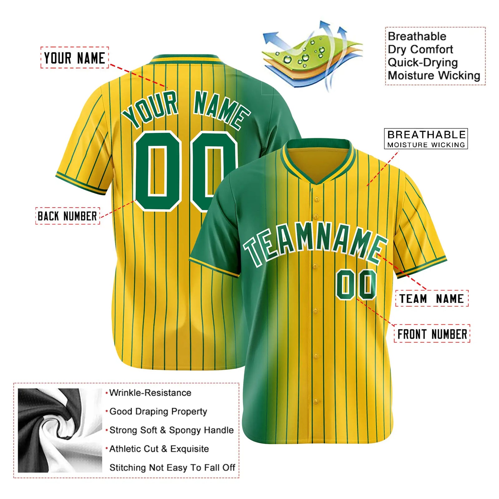 Custom Green Yellow Pinstripe Green Authentic Baseball Jersey