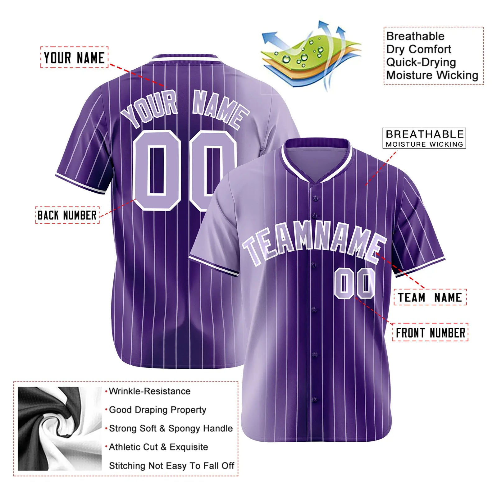 Custom Light Purple Purple Pinstripe Light Purple Authentic Baseball Jersey