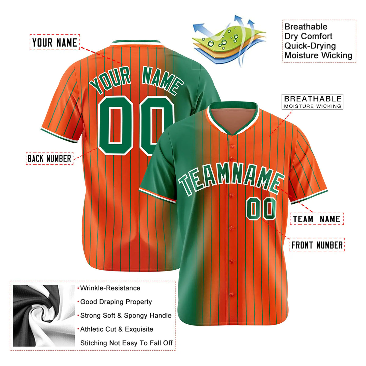 Custom Green Orange Pinstripe Green Authentic Baseball Jersey