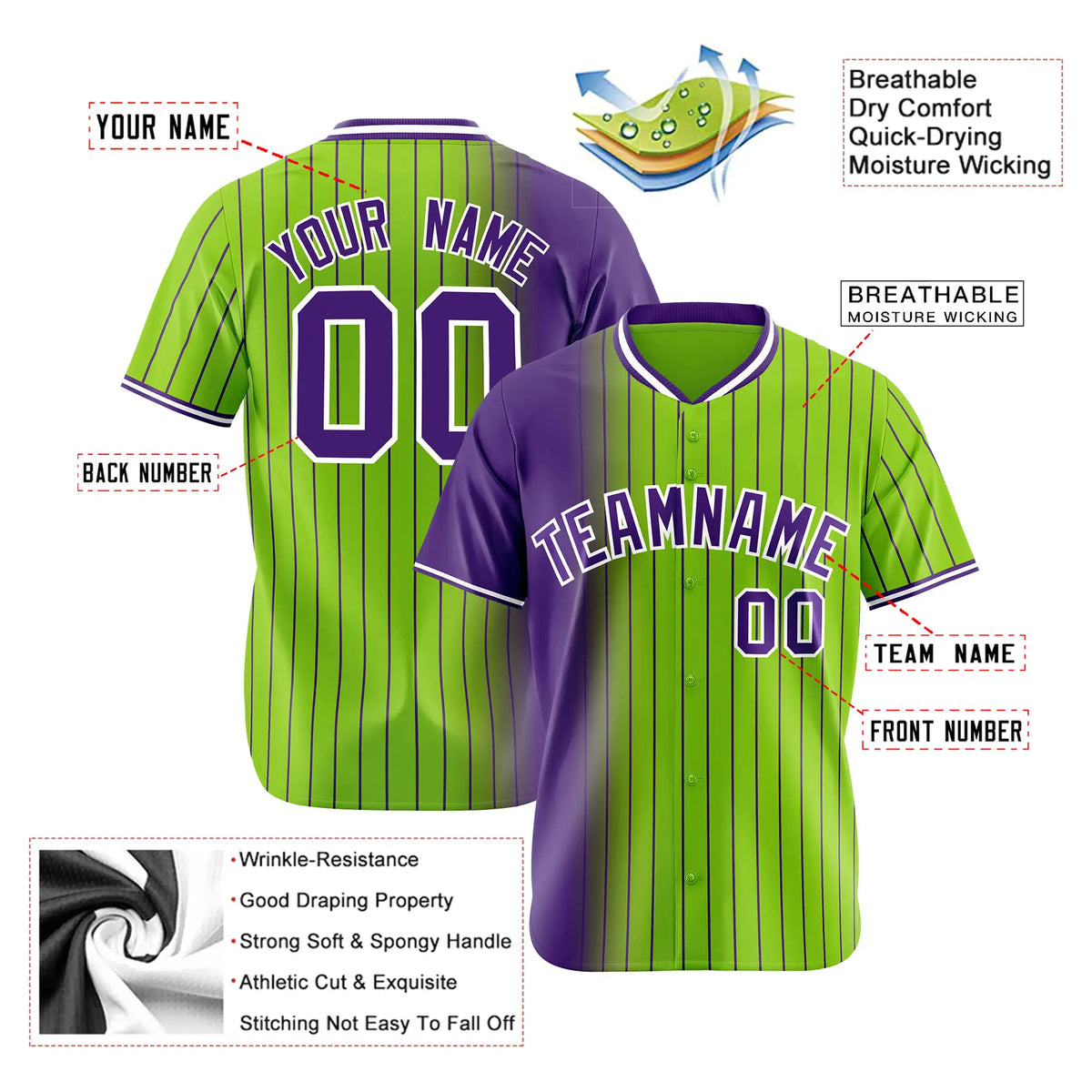 Custom Purple Neon Green Pinstripe Purple Authentic Baseball Jersey