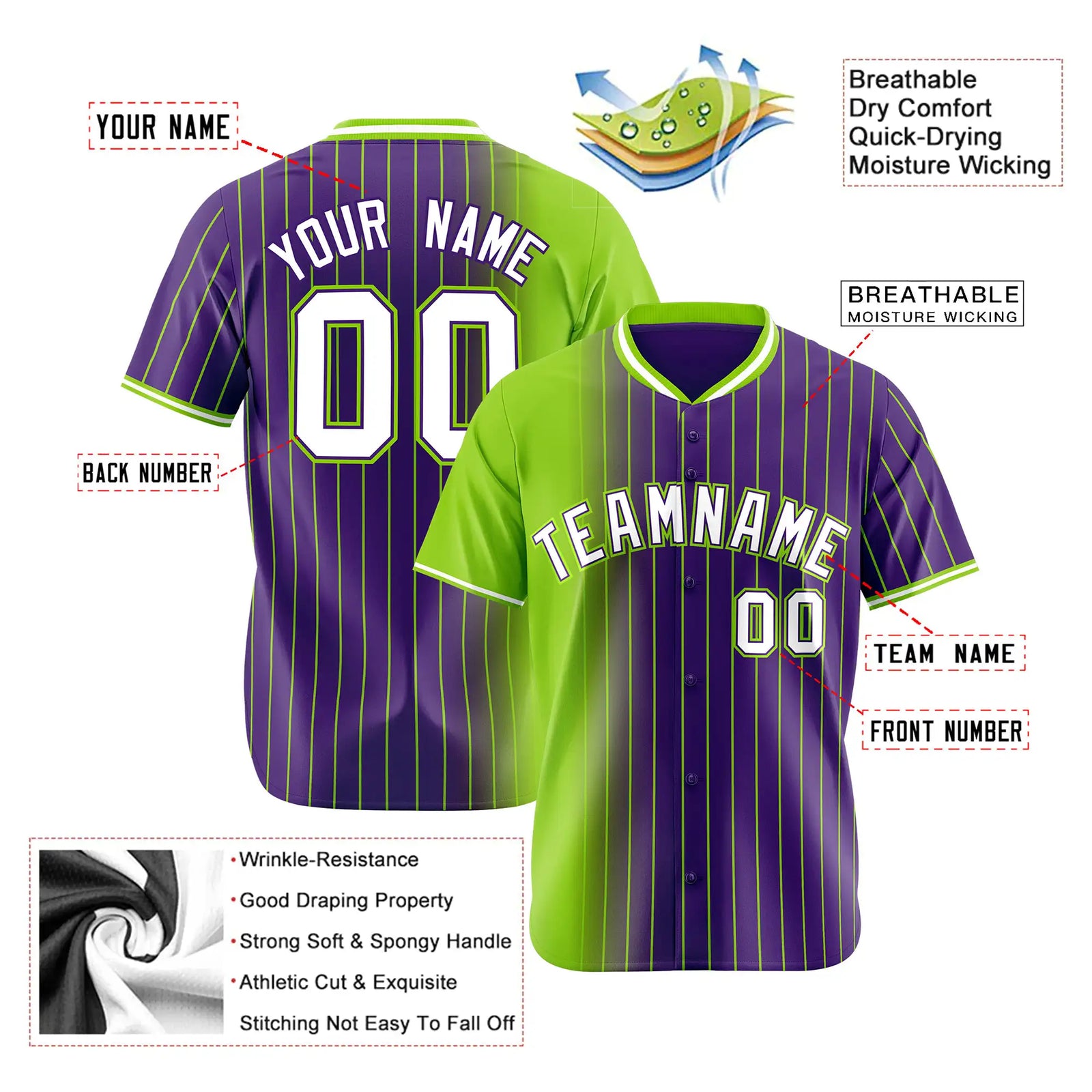 Custom Neon Green Purple Pinstripe White Authentic Baseball Jersey