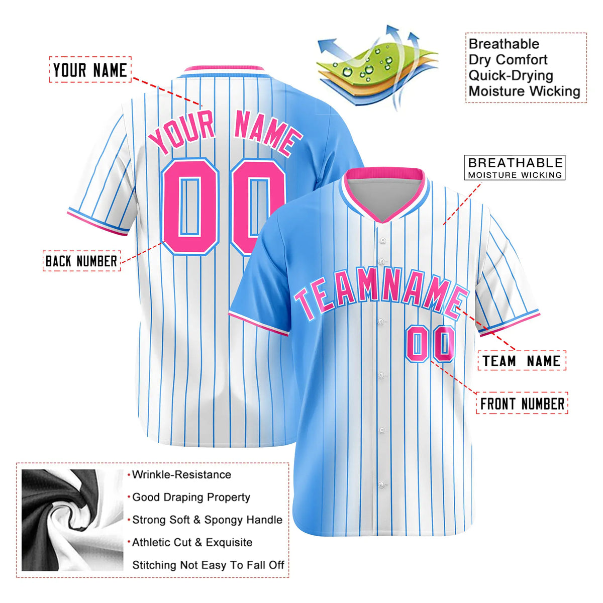 Custom Light-Blue White Pinstripe Pink Authentic Baseball Jersey
