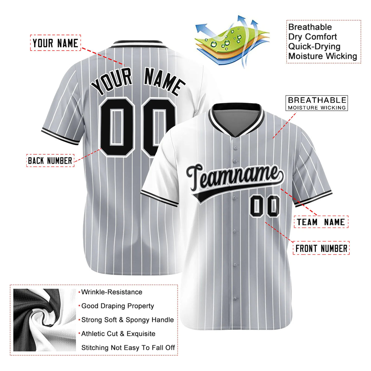 Custom White Gray Pinstripe Black Authentic Baseball Jersey