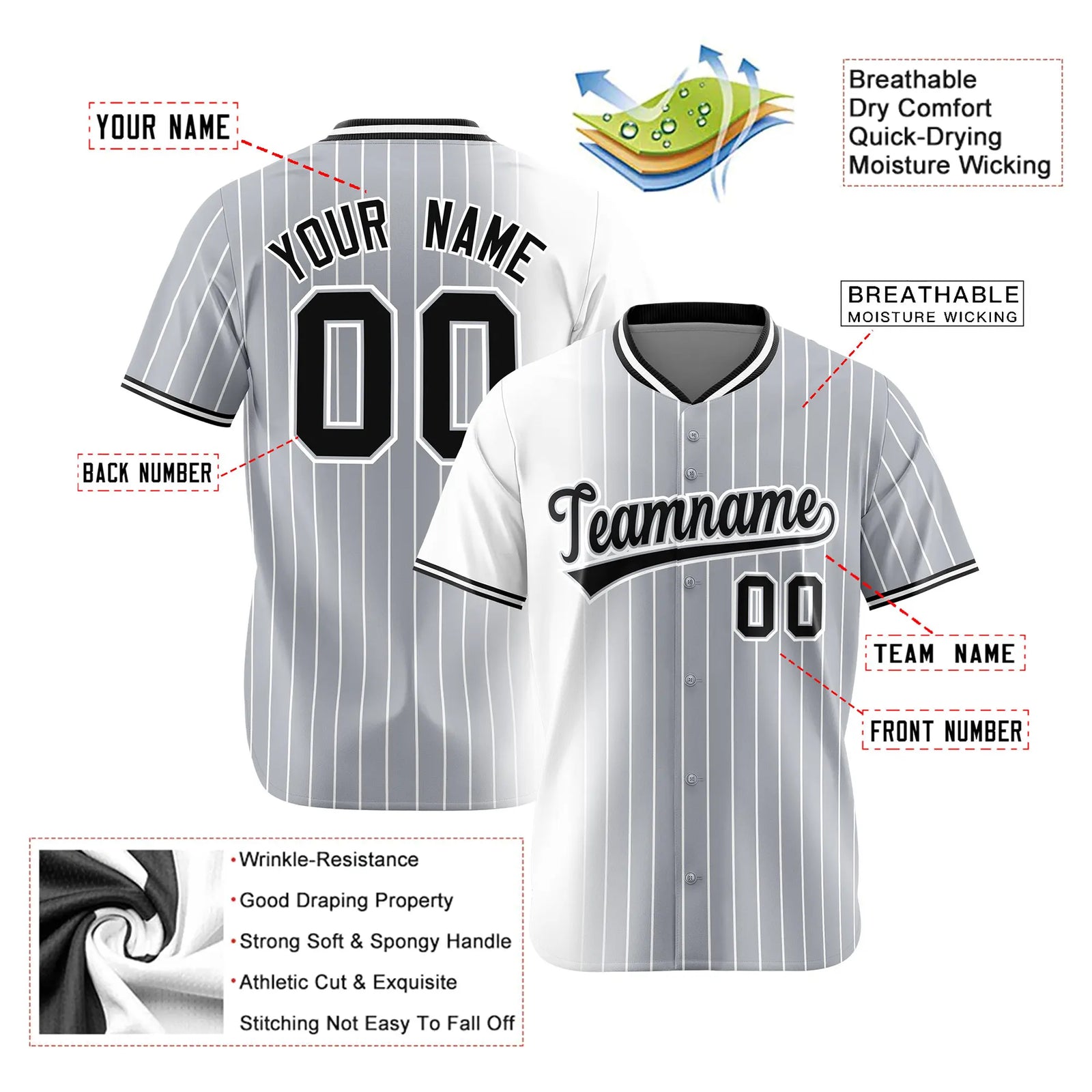 Custom White Gray Pinstripe Black Authentic Baseball Jersey